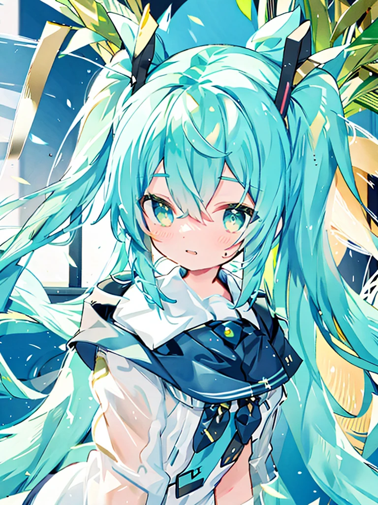 Twin-tailed,navy,White uniform,Green hair,Golden eyes