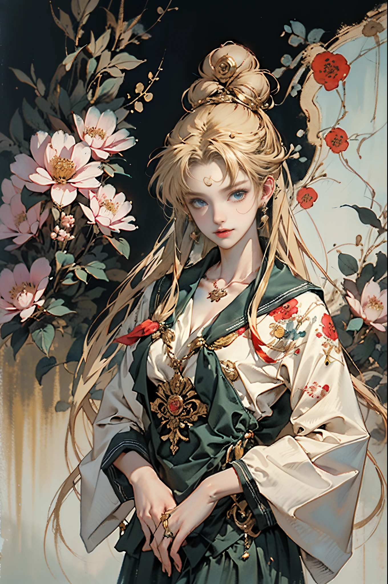 (tmasterpiece,quality,Best quality,offcial art,Beauty and aesthetics:1.2),(the sailor moon:1.6,Mariner Moon:1.6),((Long blonde hair, dual horsetail)),((Double ponytail in gold:1.6,Parted bangalls in a bun:1.4,Red round hair accessories in bun)),The content very detailed,(s fractal art:1.1),(One color:1.1)(flowers blooming:1.3),Most detailed,( tangled:1.2), (dynamicposes), (abstract backgrounds:1.3), (Chinese fabric:1.2), (Skin glows), (Lots of colors:1.4),(耳Nipple Ring:1.4),(Decorative painting:1.6,), lamplight,Ink painting and watercolor,ink,water ink,