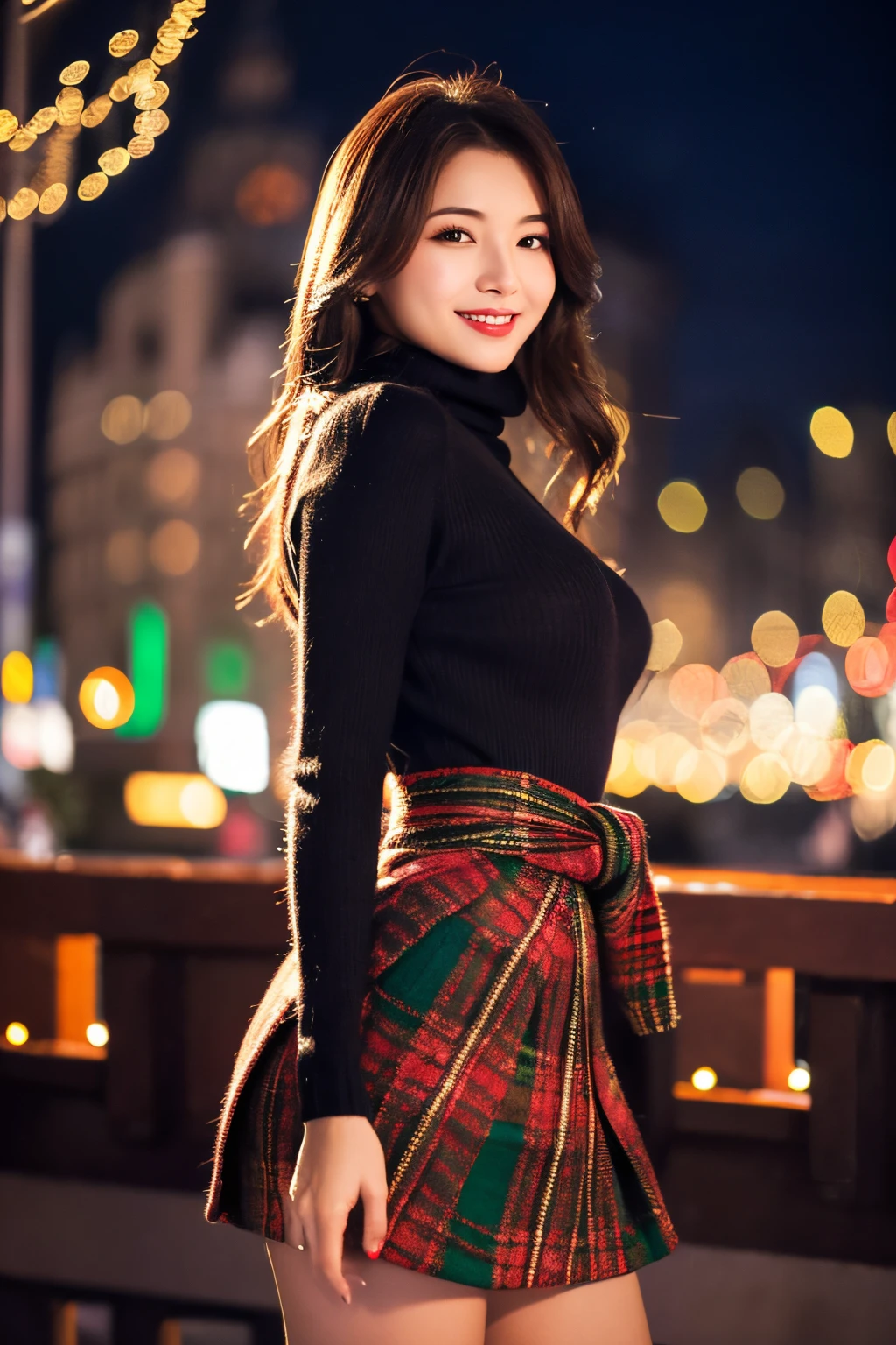 Masterpiece, top quality, high resolution, amazingly beautiful woman, unsexy winter fashion, wearing a black turtleneck sweater, dark red plaid skirt, straight hair, small breasts, natural colored lips, smile, Christmas night cityscape, (background of gorgeous Christmas tree illuminations), looking at camera, (((Waist shot))),