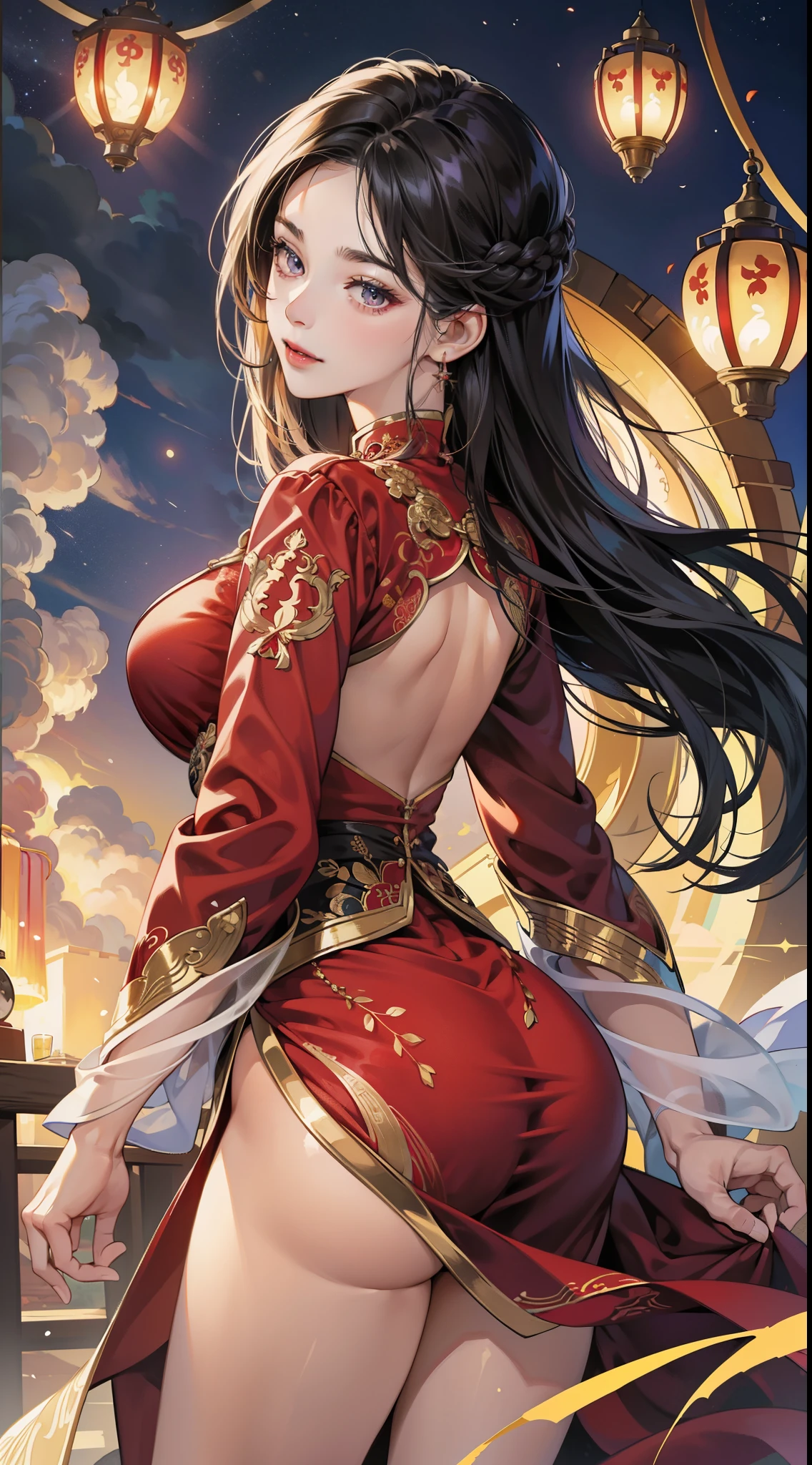 1female，45 yers old，Married woman，，Large breasts，long legeig chest and thin waist， photo exposure， report， She has long black hair，Redlip，The stands up，seen from the front， curlies， The sky  mostly cloudy，（（（tmasterpiece），（Very detailed CG unified 8k wallpaper），Best quality，电影灯光，detailed back ground，beautidful eyeright pupils，（very delicate beautiful），（Beautiful and detailed eyes description），ultra - detailed，tmasterpiece，）），facing at the camera，A high resolution，ultra - detailed），Expose breasts exposed，Bare genitals， convex，Camel toes，Raised sexy，Queen of China（dressed in：，Gold wire embroidery，Red cheongsam，lace panty，redcloak）