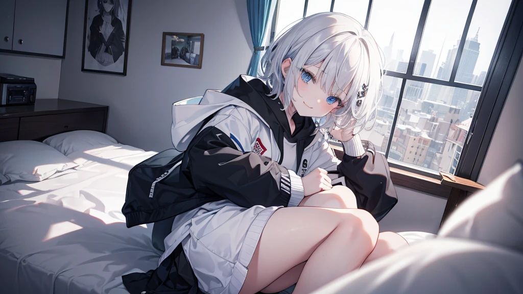 Ultra-high image quality,Look at viewers, hands behind back, girl with, 20 years old, Very short hair, long bangs between eyes, pale blue eyes, Hoodie, Skirt , Extremely detailed,(masterpiece、top-quality)、report、White hair、A smile、White skin as clear as snow、Fantastical, Silver hair, Black eyes, Beautiful eyes,, , charmed, be smitten with audience, Hoodie, White hoodie,a black skirt,Hair is short,look down from above,(masutepiece, Best Quality:1.1),report, 1girll, Curve,White jacket, Casual style,Open jacket, Cowboy Shot、report、Fluttering hair、a small face、hason、Bright smile、(parka、white sneaker fingers、Human hand)、(Detailed face) 、(top-quality: 1.4、tmasterpiece、 hyper HD、 Top resolution,、Very detailed、 profetional lighting、 Gray Light Lighting,fantastic landscape, Sunlight,on the beds,inside in room,Sleeping face down
