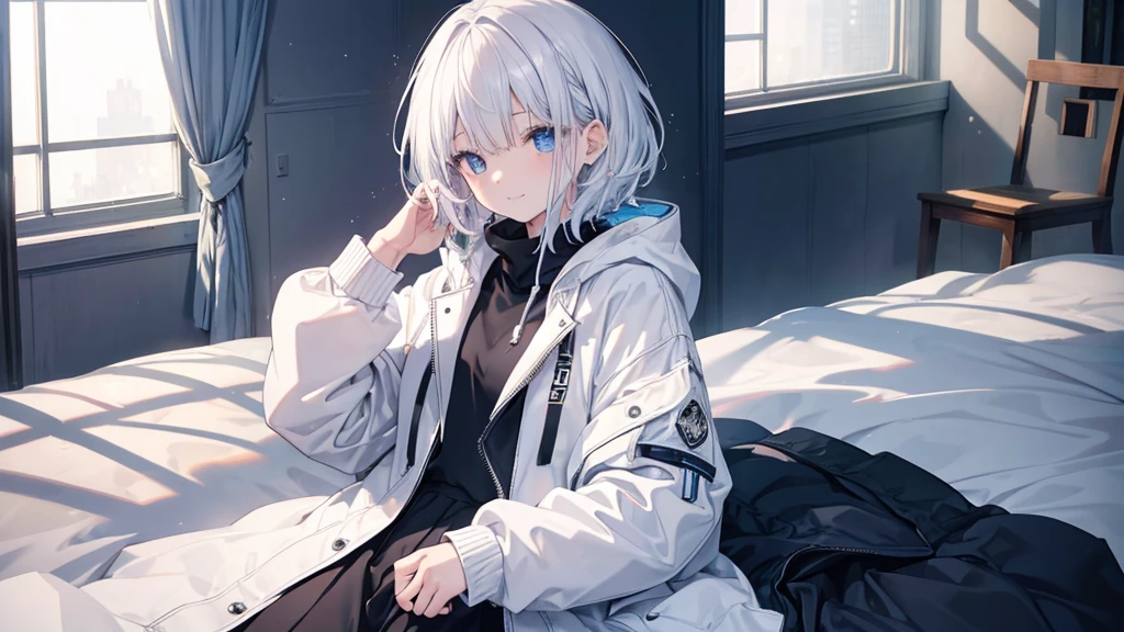 Ultra-high image quality,Look at viewers, hands behind back, girl with, 20 years old, Very short hair, long bangs between eyes, pale blue eyes, Hoodie, Skirt , Extremely detailed,(masterpiece、top-quality)、report、White hair、A smile、White skin as clear as snow、Fantastical, Silver hair, Black eyes, Beautiful eyes,, Ecstasy, charmed, be smitten with audience, Hoodie, White hoodie,a black skirt,Hair is short,look down from above,(masutepiece, Best Quality:1.1),report, 1girll, Curve,White jacket, Casual style,Open jacket, Cowboy Shot、report、Fluttering hair、a small face、hason、Bright smile、(parka、white sneaker fingers、Human hand)、(Detailed face) 、(top-quality: 1.4、tmasterpiece、 hyper HD、 Top resolution,、Very detailed、 profetional lighting、 Gray Light Lighting,fantastic landscape, Sunlight,on the beds,inside in room,Sleeping face down
