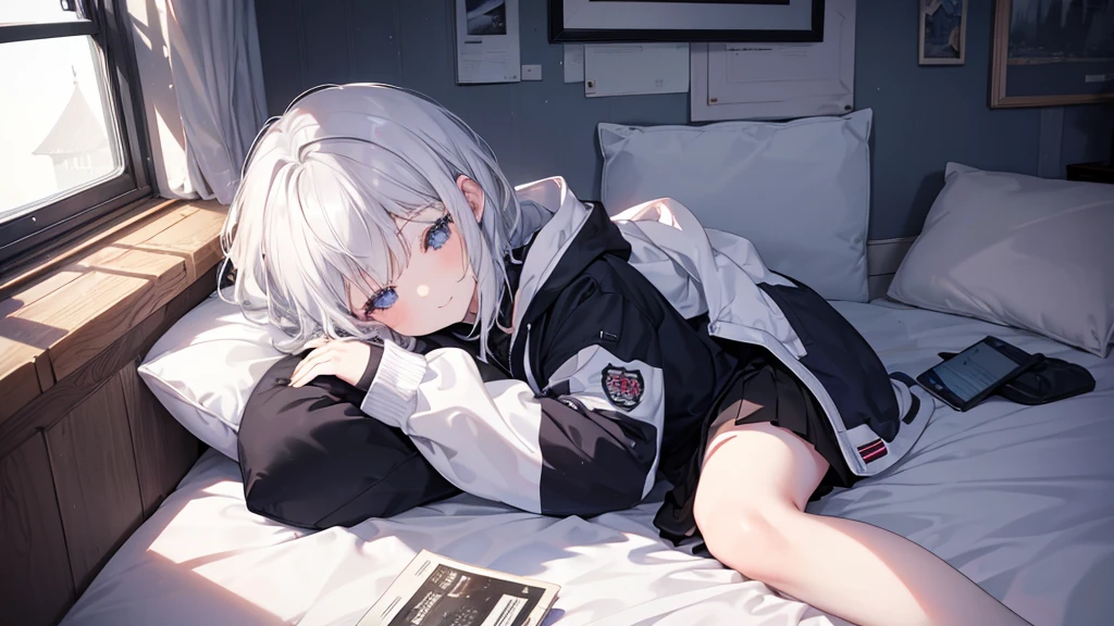 Ultra-high image quality,Look at viewers, hands behind back, girl with, 20 years old, Very short hair, long bangs between eyes, pale blue eyes, Hoodie, Skirt , Extremely detailed,(masterpiece、top-quality)、report、White hair、A smile、White skin as clear as snow、Fantastical, Silver hair, Black eyes, Beautiful eyes,, Ecstasy, charmed, be smitten with audience, Hoodie, White hoodie,a black skirt,Hair is short,look down from above,(masutepiece, Best Quality:1.1),report, 1girll, Curve,White jacket, Casual style,Open jacket, Cowboy Shot、report、Fluttering hair、a small face、hason、Bright smile、(parka、white sneaker fingers、Human hand)、(Detailed face) 、(top-quality: 1.4、tmasterpiece、 hyper HD、 Top resolution,、Very detailed、 profetional lighting、 Gray Light Lighting,fantastic landscape, Sunlight,on the beds,inside in room,Sleeping face down