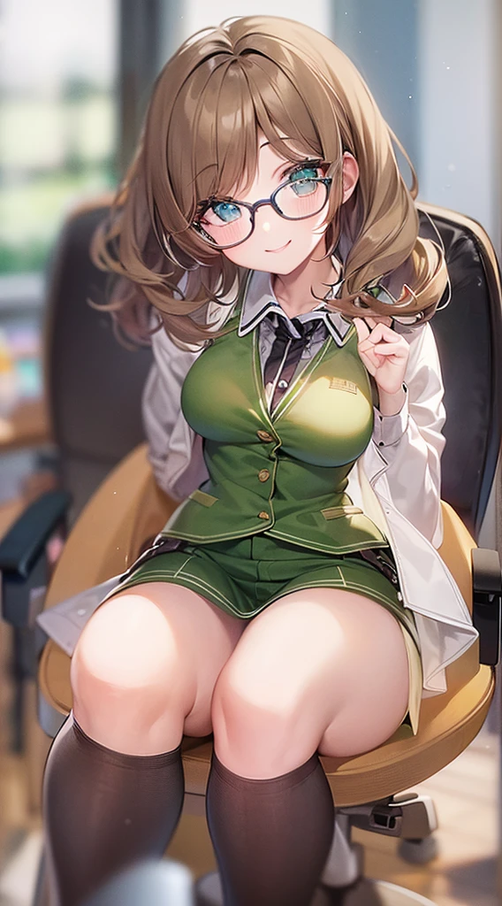 soro brown bob hair woman, green eyes:1.3, glasses, cute smile, sit down on office chair, waving gesture, upper body, in the office, masterpiece, beautiful detailed grow.