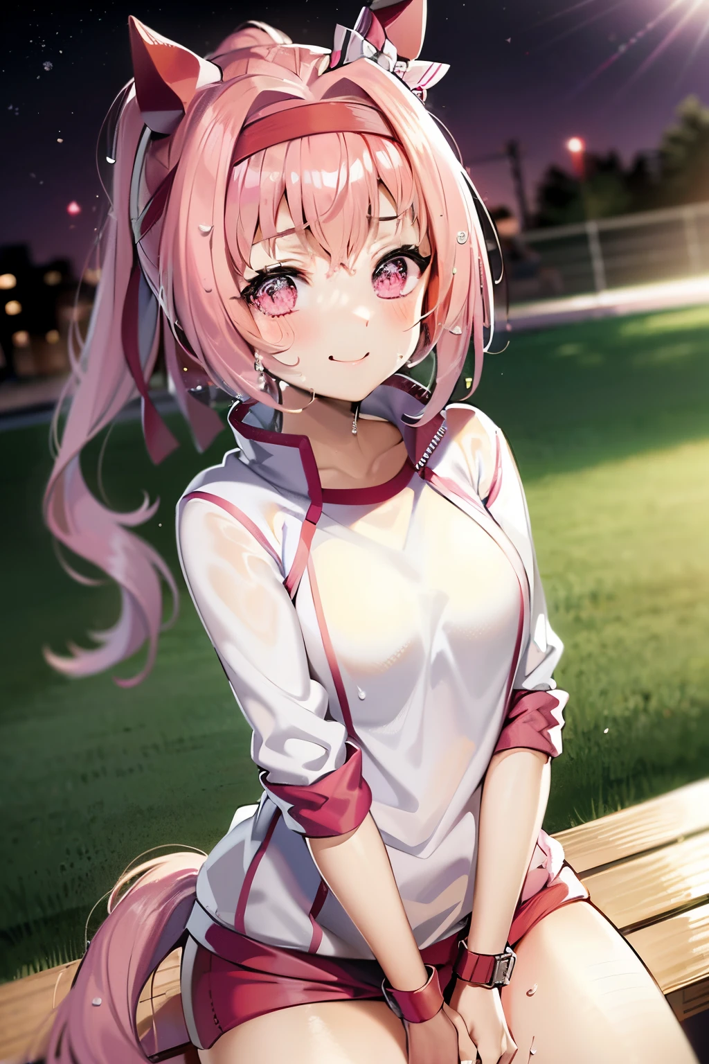 masuter piece, Best Quality, 超A high resolution, top-quality, Anime style, The best lighting, Beautiful face, Pink hair, Energetic girl, Looking at Viewer, Portrait, pink horse tail, Smiling cheerfully, (Stadium bench background:1.2), running happily, The best lighting, The best smile, Face Close-up, (1girll:1.3), Hachimaki, (Wearing sweat:1.3), sitting in a bench