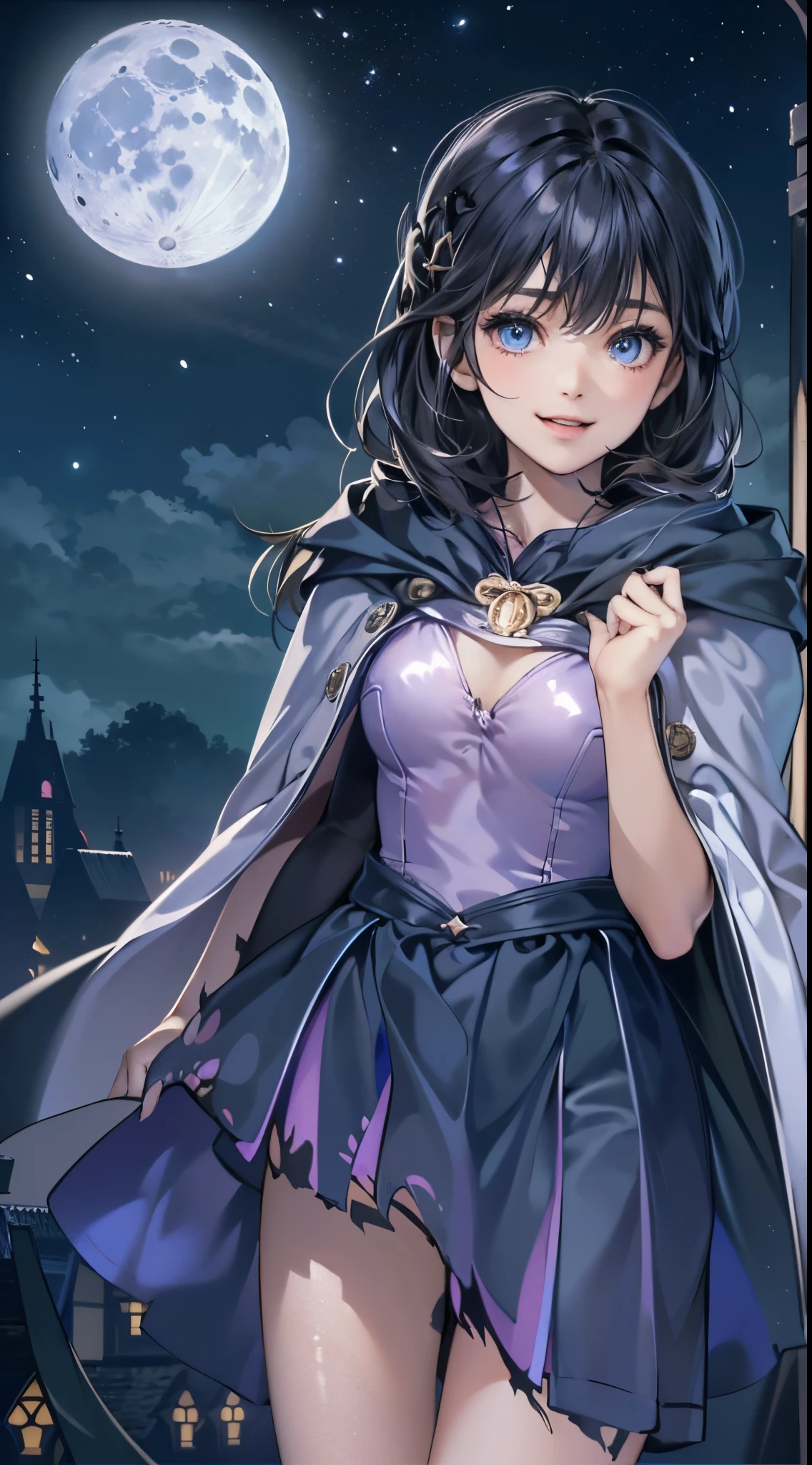 One lady,12year old,(() ,((())), (()), (())((I'm opening my mouth)),((micro skirt, bodysuit and short cloak))(A smile),,(A dark-haired,),((Fantasy,Moon Night))((Clothes are torn))