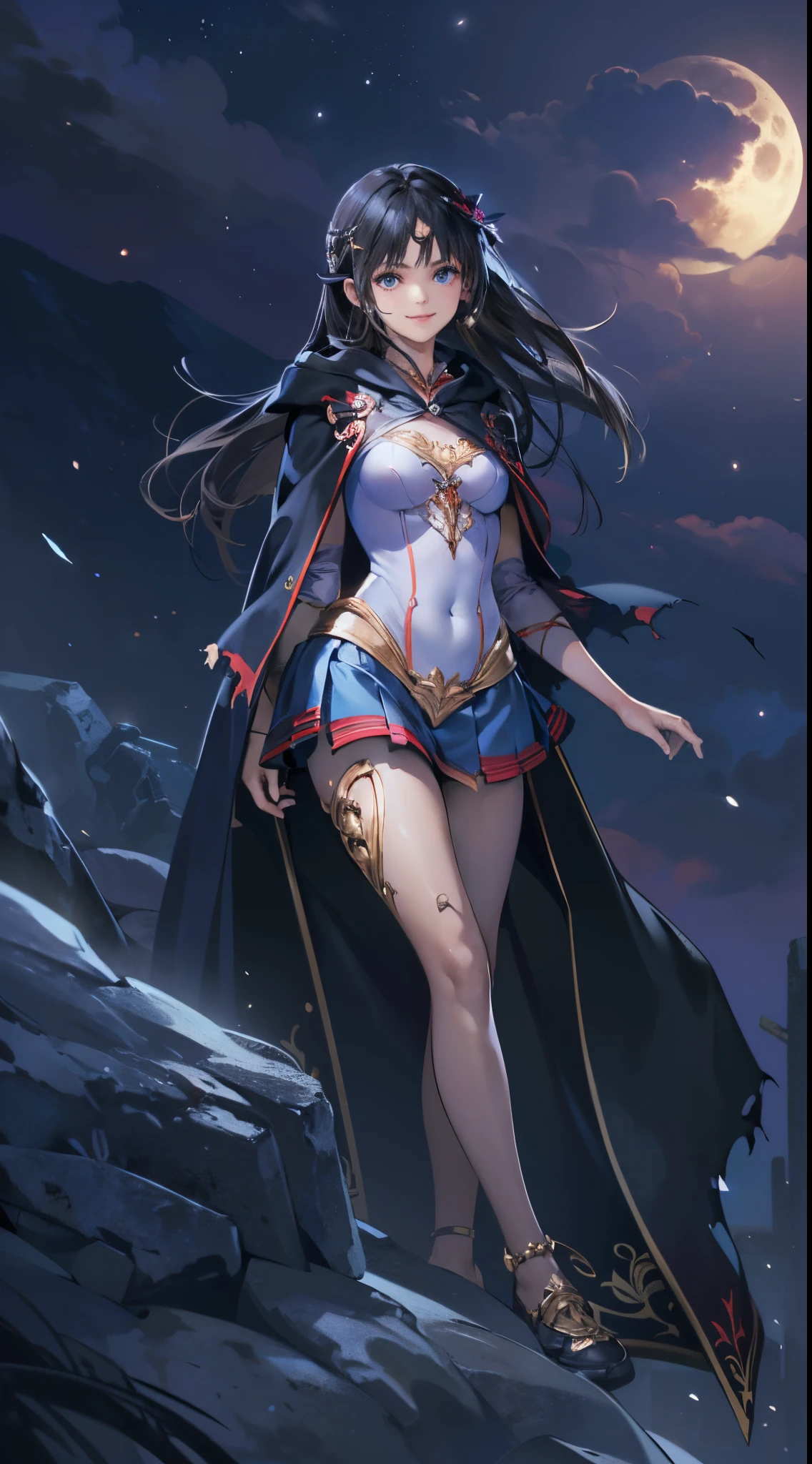 One lady,ar old, ,((())), (()), (())((I'm opening my mouth)),((micro skirt, bodysuit and short cloak))(A smile),,(A dark-haired,),((Fantasy,Moon Night))((Clothes are torn))