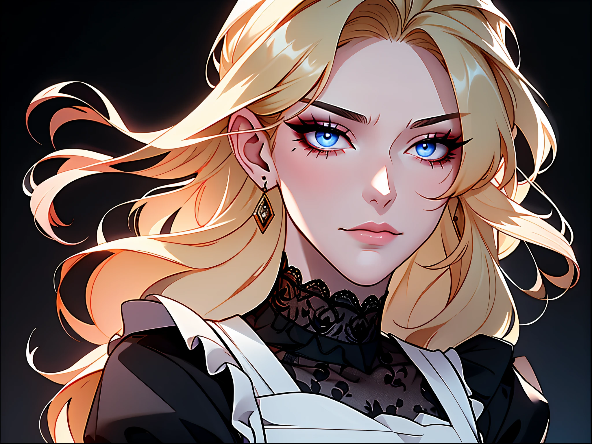 Shoujo style, Aesthetic background, Romance Manhwa, 1girl, blonde woman, hairlong, Bangans close one eye)), eyes with blue color, irritable, grimalkin, bags under eyes, Russian, grimalkin, housemaid, Black dress with white trim, with a full skirt knee-length or higher, White half apron, usually with ruffles or lace, head slightly turned to the side, inform, mascara, makeup, Dark background, 鎖骨, puffy sleeves, portraite of a, upper-body, frills, closed mouth, 詳細な目, (close up), (((Image Macro Details))), pale skin