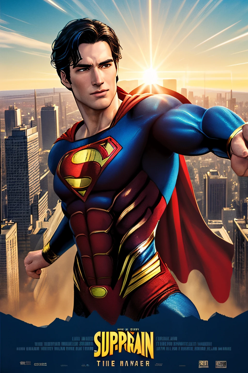 Generate a description for the new movie poster "Superman Legacy". The film celebrates the legacy of the iconic superhero. The main image should depict Superman flying towards the horizon with the sun shining behind him and the city of Metropolis in the background. La paleta de colores debe incluir tonos vibrantes de azul y rojo, with touches of gold to highlight its status as a symbol of hope. The title of the movie is "Superman Legacy", y el tagline es "The Hero Who Inspired Generations". Incluye la fecha de estreno, the name of the director and a call to experience the excitement in IMAX. Don't forget to incorporate the classic Superman logo in the lower right corner of the poster.