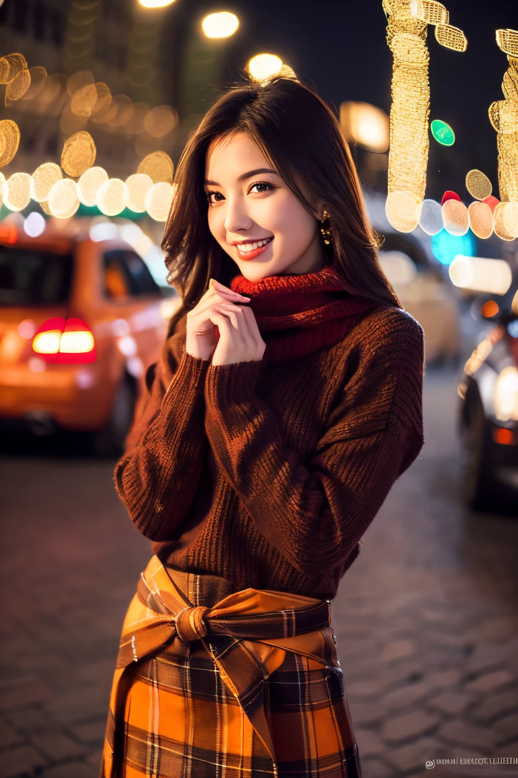 Masterpiece, top quality, high resolution, amazingly beautiful woman, unsexy winter fashion, wearing a orange turtleneck sweater, dark red plaid skirt, straight hair, small breasts, natural colored lips, smile, Christmas night cityscape, (background of gorgeous Christmas tree illuminations), looking at camera, (((Waist shot))),