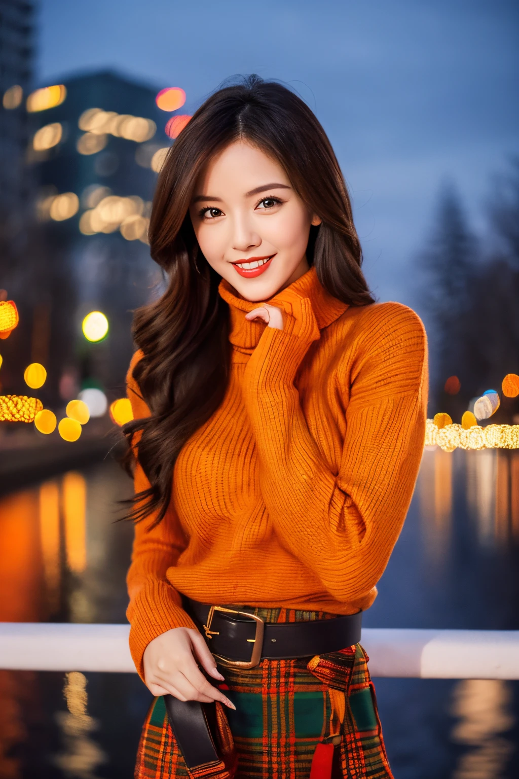 Masterpiece, top quality, high resolution, amazingly beautiful woman, unsexy winter fashion, wearing a orange turtleneck sweater, dark red plaid skirt, straight hair, small breasts, natural colored lips, smile, Christmas night cityscape, (background of gorgeous Christmas tree illuminations), looking at camera, (((Waist shot))),