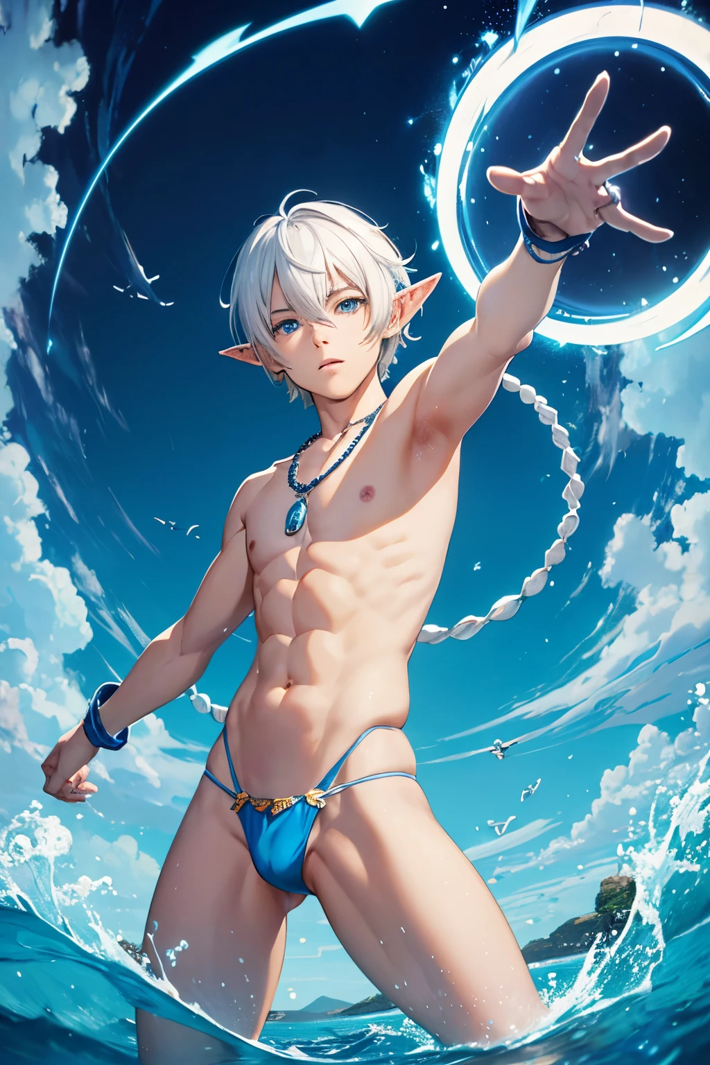 anime character,  twink elf boy, he has white hair, the bowl cut, the color of his skin is light blue, he is from an aquatic kingdom, his thong is the same as Tarzan's, but it is made of al, he wears necklaces and earrings made from shells, he is powerful and is controlling the entire ocean, full body, action pose, sovereignty pose, attack pose, elf with white hair and blue fish skin.