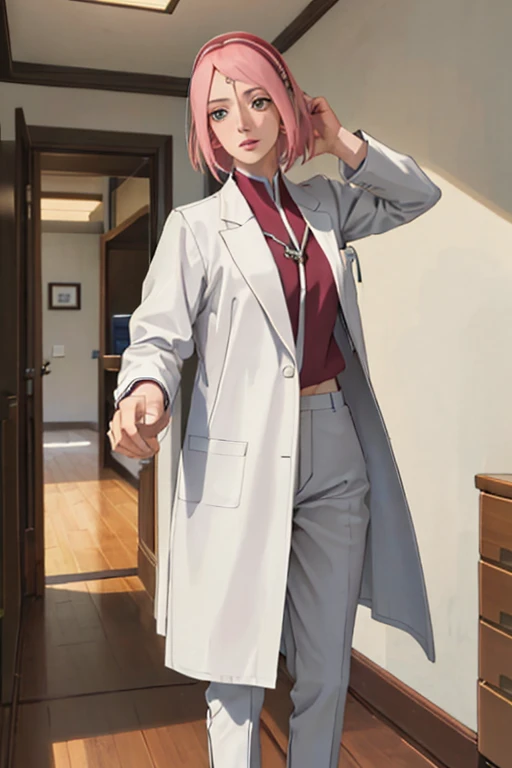 obra-prima, absurdo, (detalhes intrincados), (colorido), cinematic lighthing, papel de parede extremamente detalhado da unidade CG 8k, 1 menina, seios muito grandes, Sakura haruno, puppy position, pov, nsfw, provocante, nervoso, envergonhado, corando, Doctor clothes(white coat and pants), consultorio medico