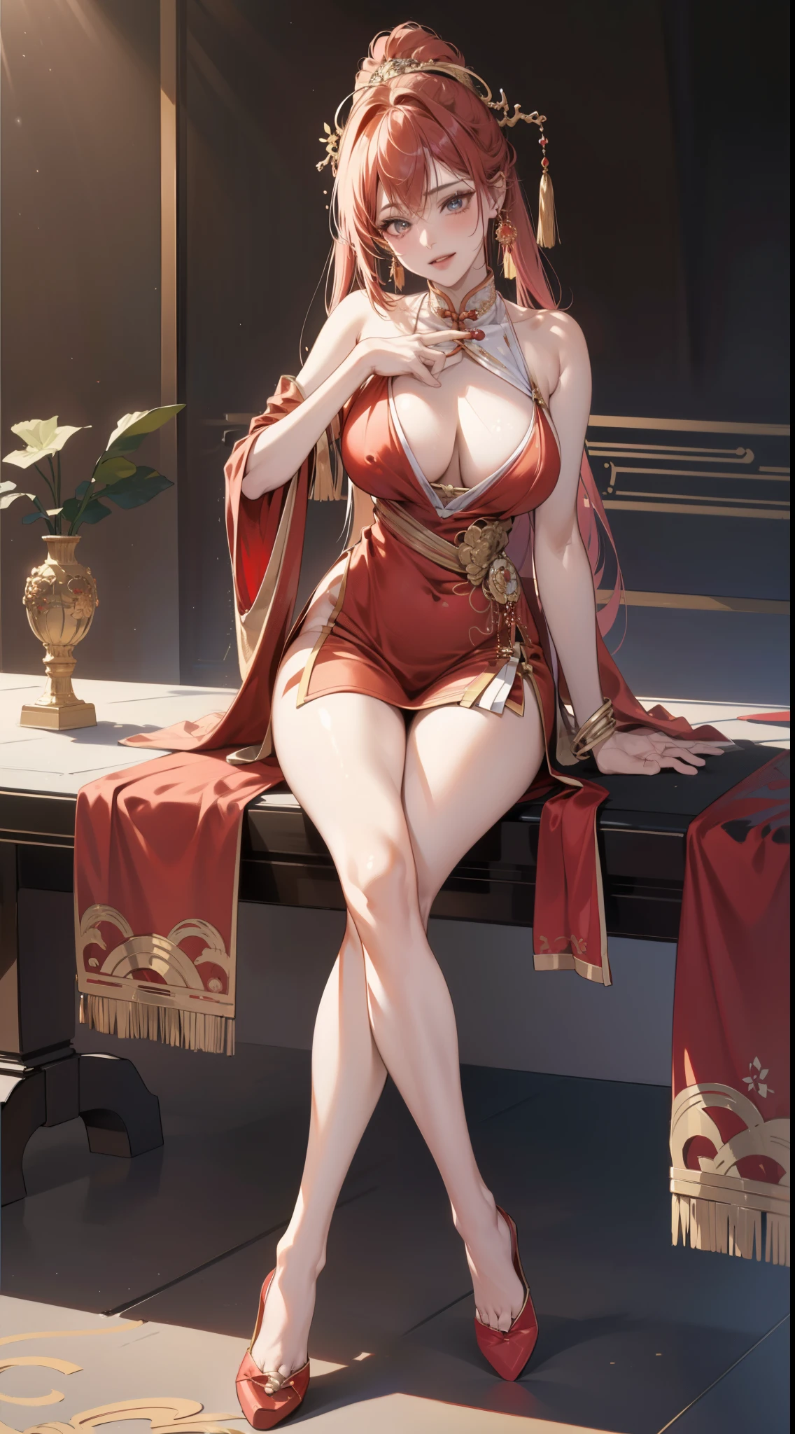 (8K, RAW photogr, Best quality at best, tmasterpiece:1.2),(actual, Photorealistic:1.37),Photo mapping,profesional lighting,Radio City,1个Giant Breast Girl,Alone,long_the hair,(bangle:1.1),(legs long:1.2),(耳Nipple Ring:1.1),physically-based renderingt,stage,manifestation,sitting down,close hand,Chinese costumes,red and gold dress