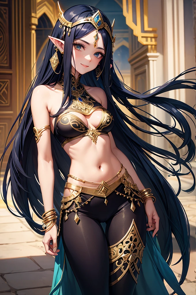 woman, slim, smile, intricate tube top, intricate leggings, gold bracelet, intricate headdress, long dark blue hair, pointy ears, desert palace, cowboy shot, masterpiece, fantasy