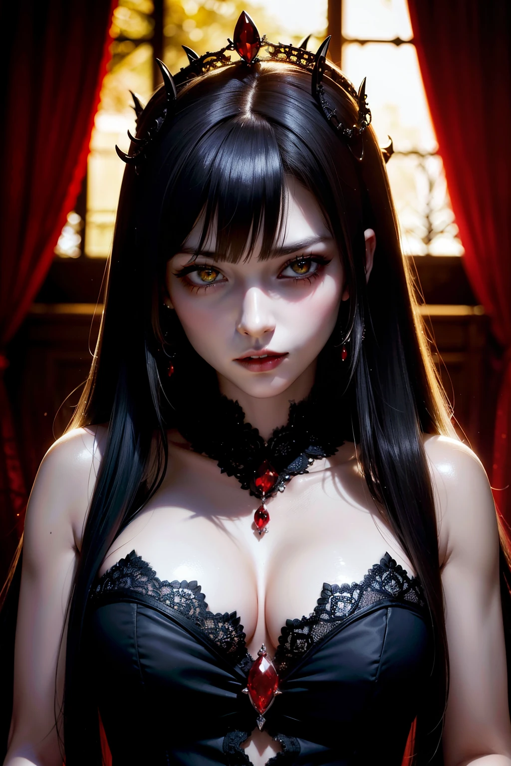 (sharp focus:1.1) photo of a vampire queen, ruby tiara, lace dress, alluring, yellow eyes, dark shadows, intensity, insanity, 8k, high quality, intricate details, close up, glowing eyes