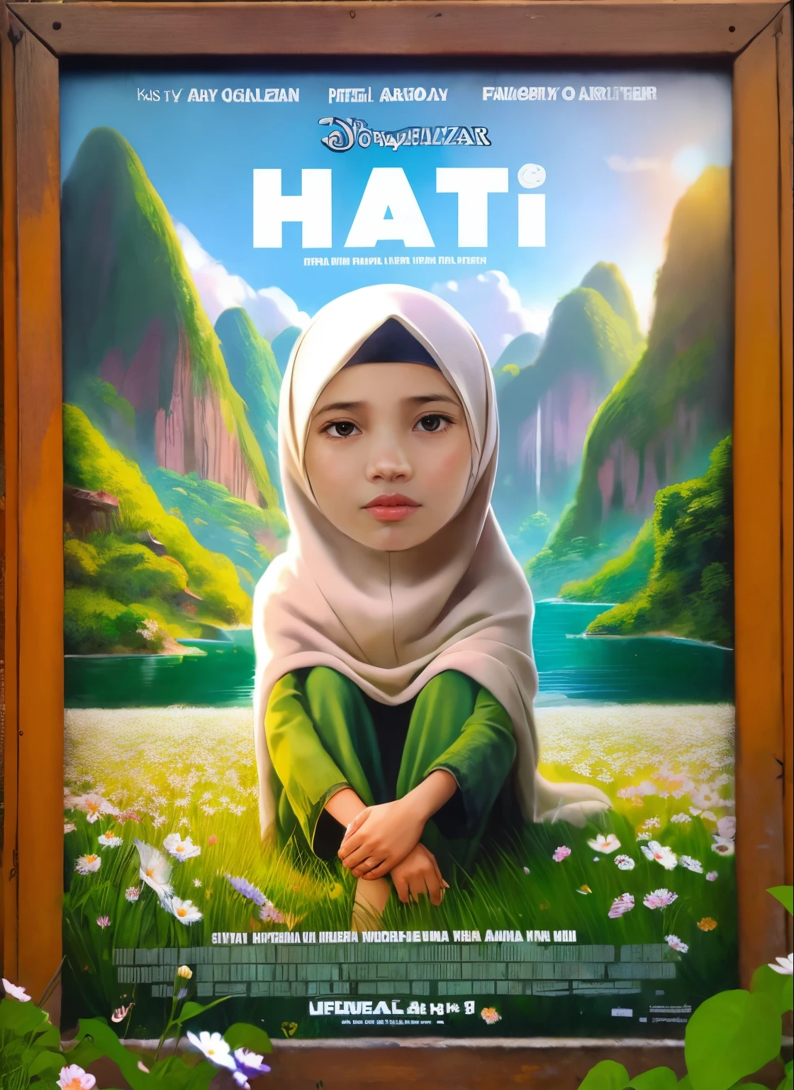 a poster of a young girl sitting in a field of flowers, movie poster character, realism artstyle, official poster, a poster, potrait, digital art!!, inspired by Fathi Hassan, close up potrait, inspired by Naza, hijab, poster illustration, art cover, full protrait, realism art, hyperrealism artstyle, made in maya and photoshop