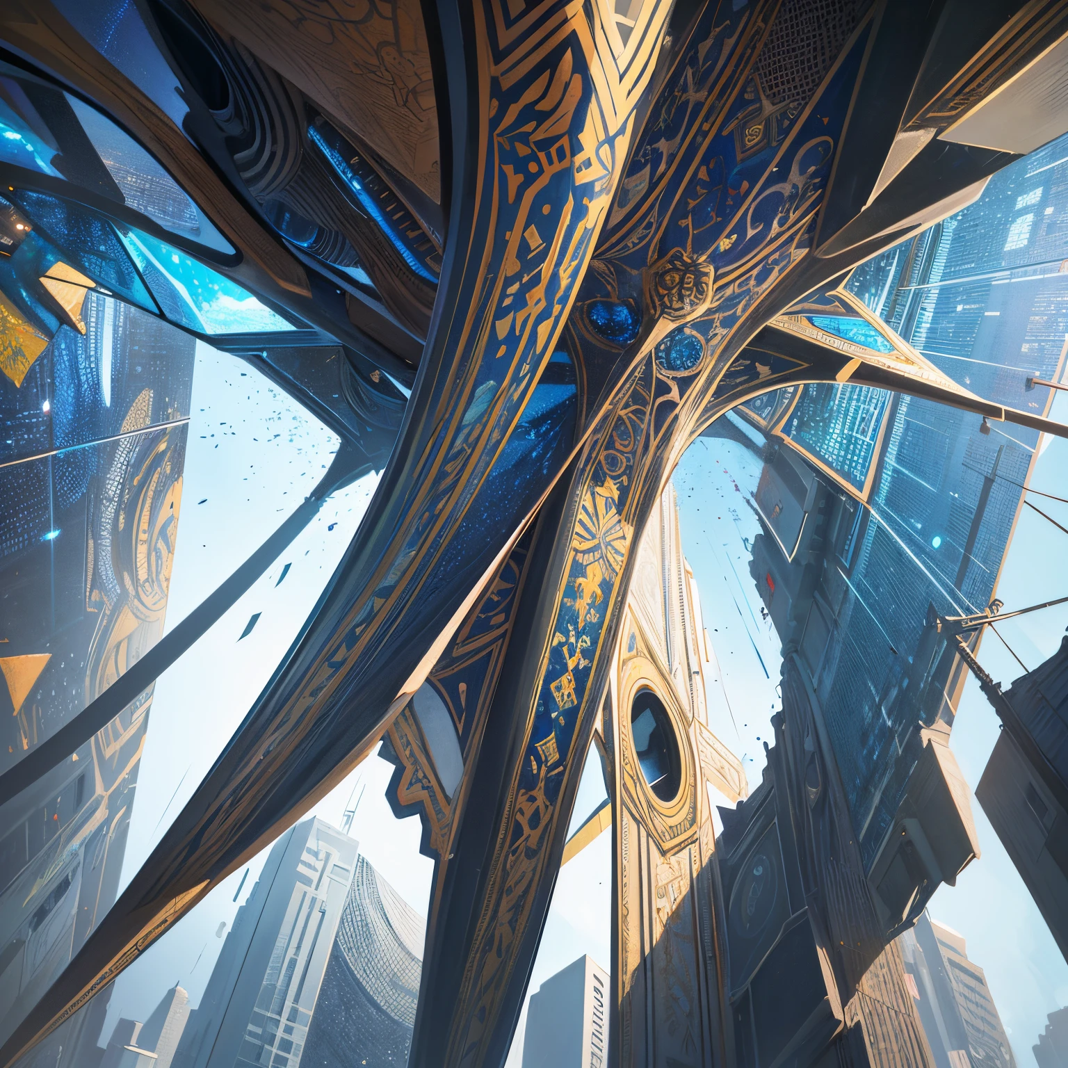 from below, super high quality, 8k, RAW photo, realistic, detailed and delicate depiction and flashy and dynamic painting method, Maximalism, geometric pattern that fills a towering inorganic concrete wall