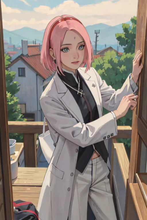 obra-prima, absurdo, (detalhes intrincados), (colorido), cinematic lighthing, papel de parede extremamente detalhado da unidade CG 8k, 1 , seios muito grandes, Sakura haruno, puppy position, pov, nsfw, provocante, nervoso, envergonhado, corando, Doctor clothes(white coat and pants), consultorio medico