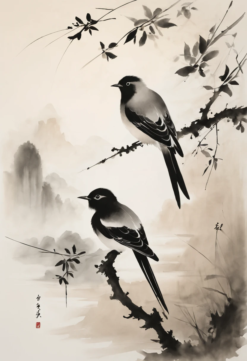 (best quality,highres,masterpiece:1.2),ultra-detailed,ink painting,Chinese style,bird on a branch,loose brushstrokes, composition,subtle textures,elegant simplicity,dynamic ink flow,expressive ink marks,black and white,eye-catching,fine details,zen-like,traditional technique,artistic interpretation,serene atmosphere,minimalist aesthetic,calming ambiance,full of symbolism,subtle gradations,harmonious balance,atmospheric perspective,peaceful tranquility,sparse background,thoughtful strokes,powerful simplicity,tranquil nature,balance of positive and negative space,graceful movement,lively brushwork,natural harmony,ethereal beauty,traditional brush and ink technique,serene representation,artistic minimalism,nature's tranquility,delicate lines,dreamlike ambiance,soothing black ink,subtle ink washes,symbolic imagery