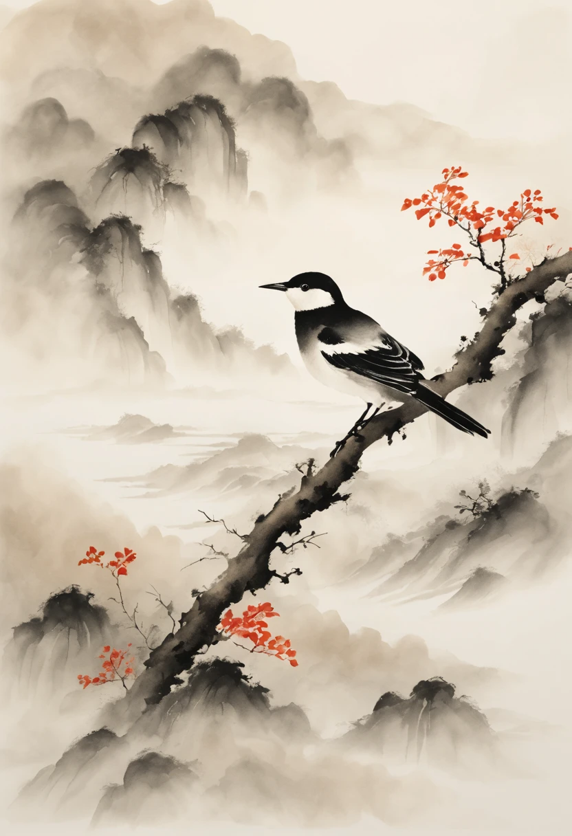 (best quality,highres,masterpiece:1.2),ultra-detailed,ink painting,Chinese style,bird on a branch,loose brushstrokes, composition,subtle textures,elegant simplicity,dynamic ink flow,expressive ink marks,black and white,eye-catching,fine details,zen-like,traditional technique,artistic interpretation,serene atmosphere,minimalist aesthetic,calming ambiance,full of symbolism,subtle gradations,harmonious balance,atmospheric perspective,peaceful tranquility,sparse background,thoughtful strokes,powerful simplicity,tranquil nature,balance of positive and negative space,graceful movement,lively brushwork,natural harmony,ethereal beauty,traditional brush and ink technique,serene representation,artistic minimalism,nature's tranquility,delicate lines,dreamlike ambiance,soothing black ink,subtle ink washes,symbolic imagery