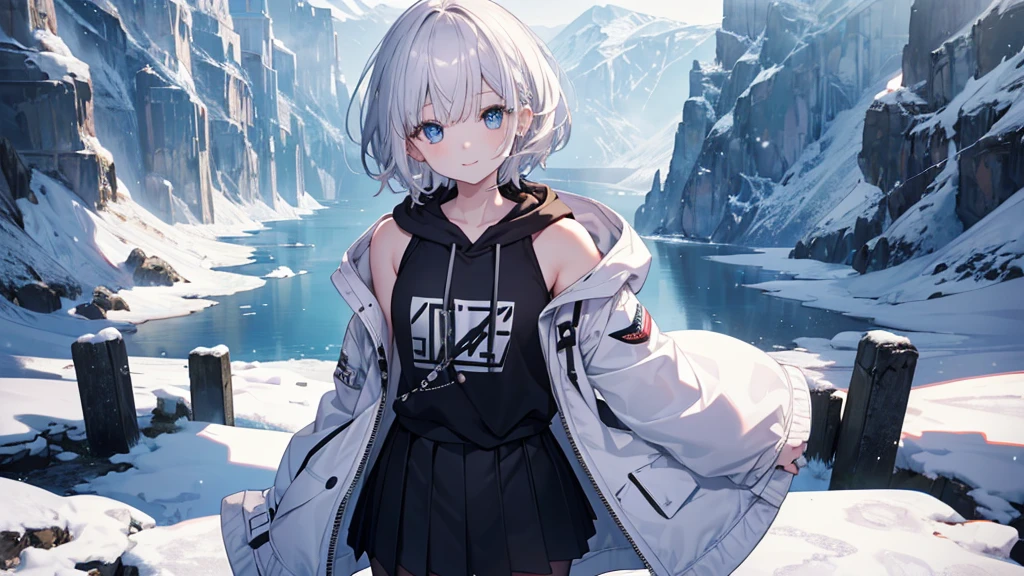 Ultra-high image quality,Look at viewers, hands behind back, girl with, 20 years old, Very short hair, long bangs between eyes, pale blue eyes, Hoodie, Skirt , Extremely detailed,(​masterpiece、top-quality)、report、White hair、A smile、White skin as clear as snow、Fantastical, Silver hair, Black eyes, Beautiful eyes,, Ecstasy, charmed, be smitten with audience, Hoodie, White hoodie,a black skirt,Hair is short,look down from above,(masutepiece, Best Quality:1.1),report, 1girll, Curve,White jacket, Casual style,Open jacket,  Cowboy Shot、report、Fluttering hair、a small face、hason、Bright smile、(parka、white sneaker fingers、Human hand)、(Detailed face) 、(top-quality: 1.4、tmasterpiece、 hyper HD、 Top resolution,、Very detailed、 profetional lighting、 Gray Light Lighting,fantastic landscape, Sunlight,Shoulder out