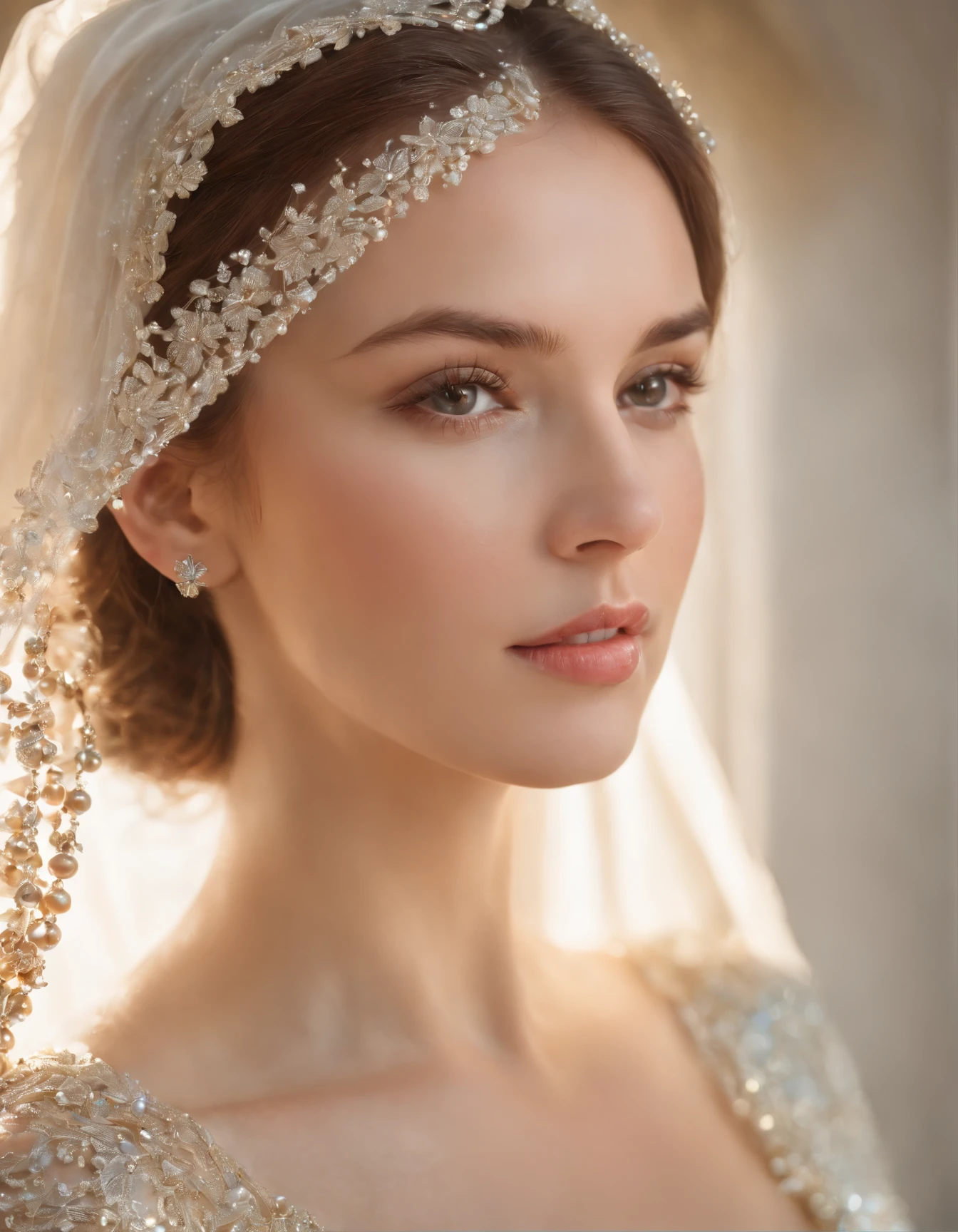 European heavenly Beautiful Russian woman, highly detailed face, pattern of colored stones and golden pearls portrait of a girl, pearl necklace, filigree, mother of pearl, hyper-detailed, veil, radiant, captivating, looking to the viewer, enchanting, reflective, magical, ethereal, shimmering, brilliant, intense, whimsical, thread-like, transparent, sparkle, diffused light, composed using the golden ratio, lighting by Vladimir Volegov and Steve Hanks, award, perfect composition, sun rays, smoke, Broken Glass effect, classic background, stunning, something that even doesn't exist, mythical being, energy, molecular, textures, iridescent and luminescent scales, breathtaking beauty, pure perfection, divine presence, unforgettable, impressive, breathtaking beauty, Volumetric light, auras, rays, vivid colors reflects, Miki Asai Macro photography, close-up, hyper detailed, trending on artstation, sharp focus, studio photo, intricate details, highly detailed, by greg rutkowski, in the style of shiny rhinestone crystals