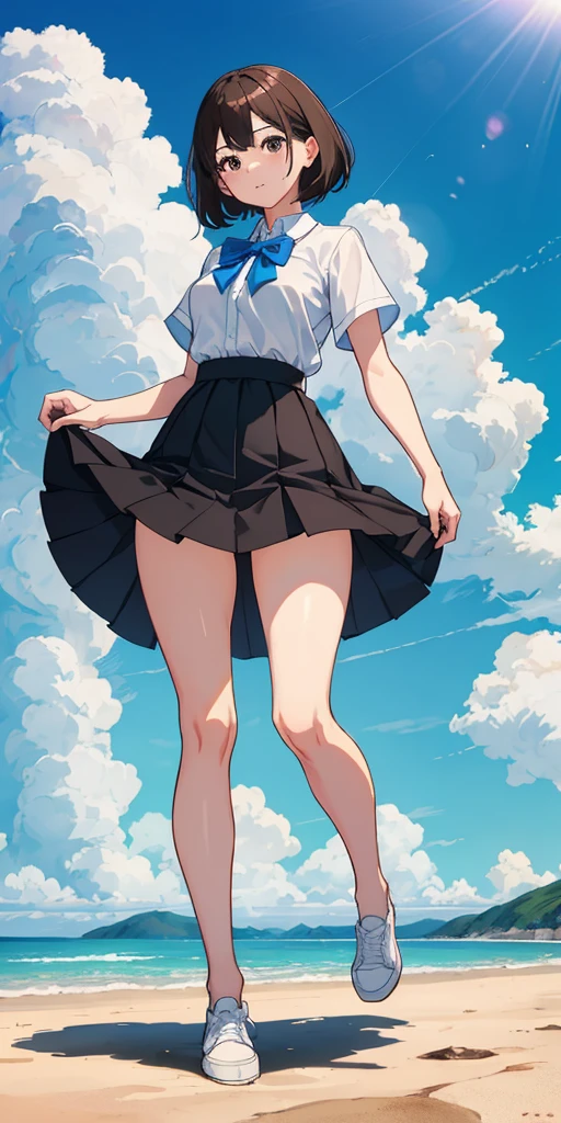 (超高分辨率,high contrast,8K,tmasterpiece:1.3),1 sister,Brown hair long,White tight short sleeve micro skirt,,White shoes,Thighs and thin waist,,Fat butt body in camera),rays of sunshine,with blue sky and white clouds,Standing on the ground,(Full body in camera),Lift the skirt in your hand