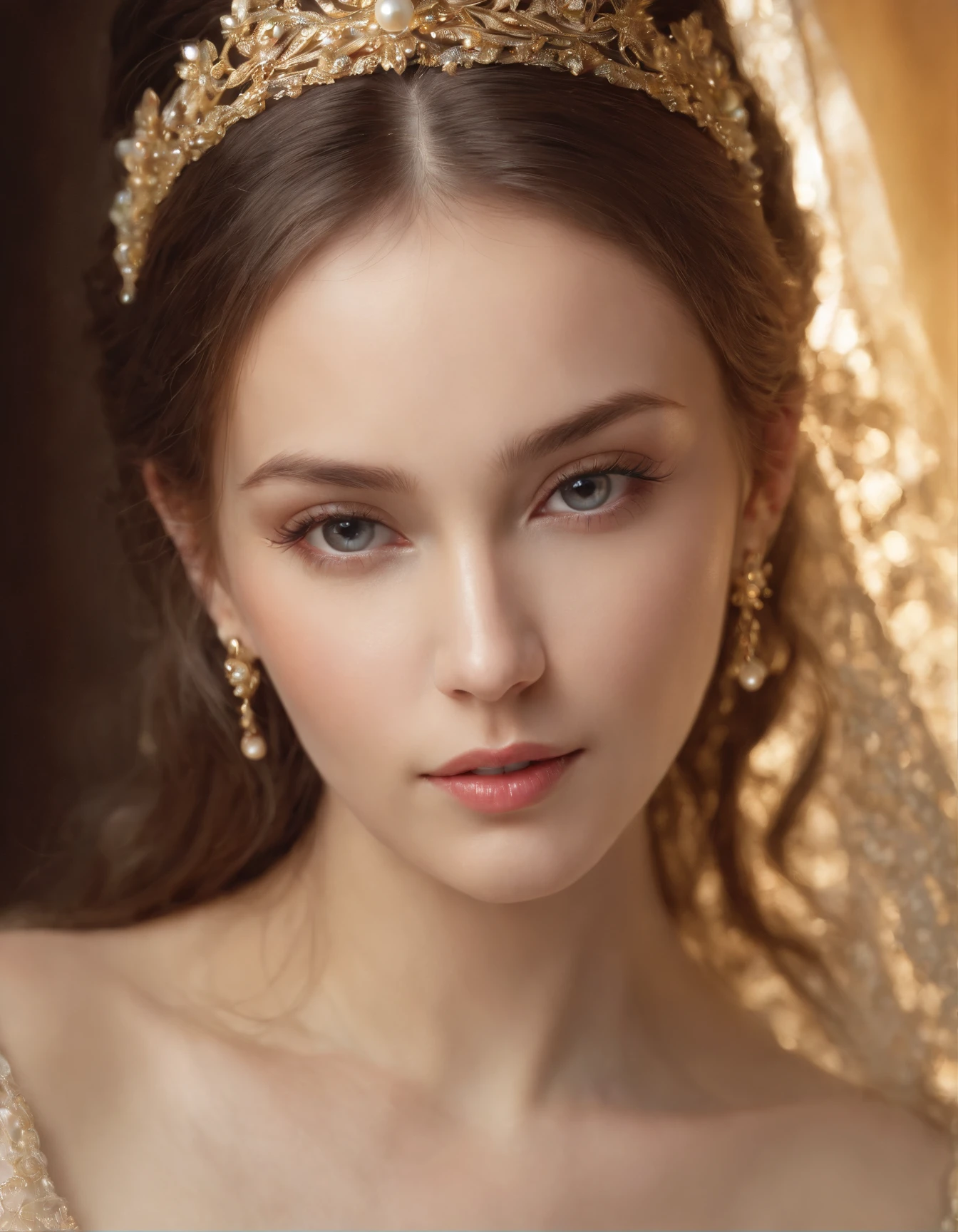 European heavenly Beautiful Russian woman, highly detailed face, pattern of colored stones and golden pearls portrait of a girl, pearl necklace, filigree, mother of pearl, hyper-detailed, veil, radiant, captivating, looking to the viewer, enchanting, reflective, magical, ethereal, shimmering, brilliant, intense, whimsical, thread-like, transparent, sparkle, diffused light, composed using the golden ratio, lighting by Vladimir Volegov and Steve Hanks, award, perfect composition, sun rays, smoke, Broken Glass effect, classic background, stunning, something that even doesn't exist, mythical being, energy, molecular, textures, iridescent and luminescent scales, breathtaking beauty, pure perfection, divine presence, unforgettable, impressive, breathtaking beauty, Volumetric light, auras, rays, vivid colors reflects, Miki Asai Macro photography, close-up, hyper detailed, trending on artstation, sharp focus, studio photo, intricate details, highly detailed, by greg rutkowski, in the style of shiny rhinestone crystals