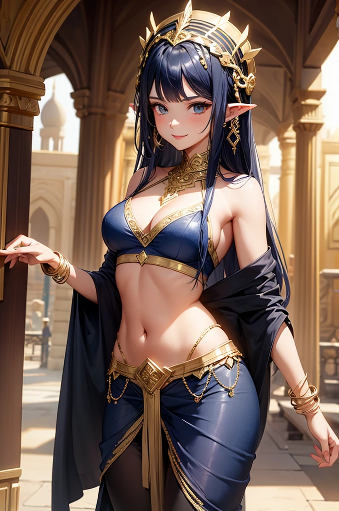 woman, sexy, smile, intricate tube top, intricate leggings, gold bracelet, intricate headdress, long dark blue hair, pointy ears, desert palace, cowboy shot, masterpiece, fantasy