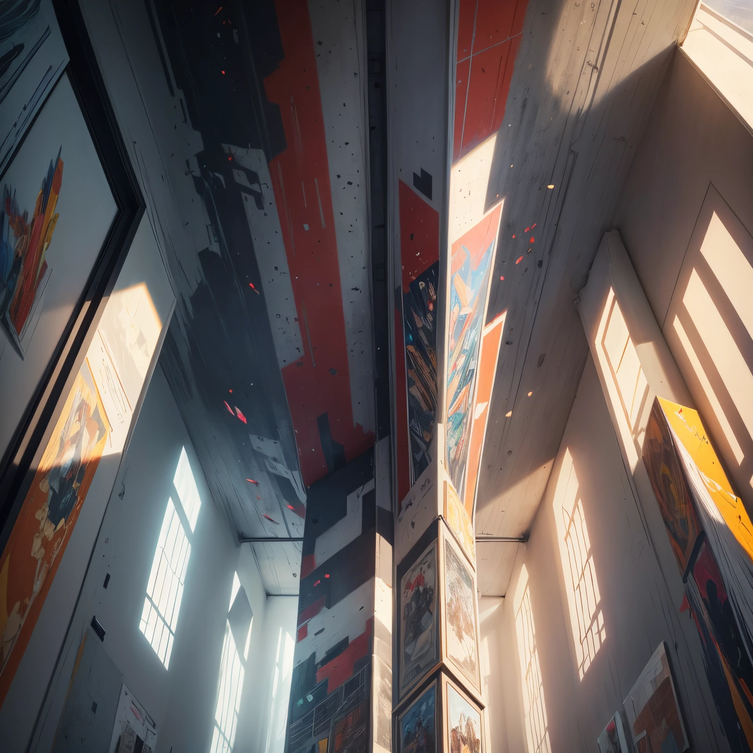 from below, super high quality, 8k, RAW photo, realistic, detailed and delicate depiction and flashy and dynamic painting method, Maximalism, geometric pattern that fills a towering inorganic concrete wall