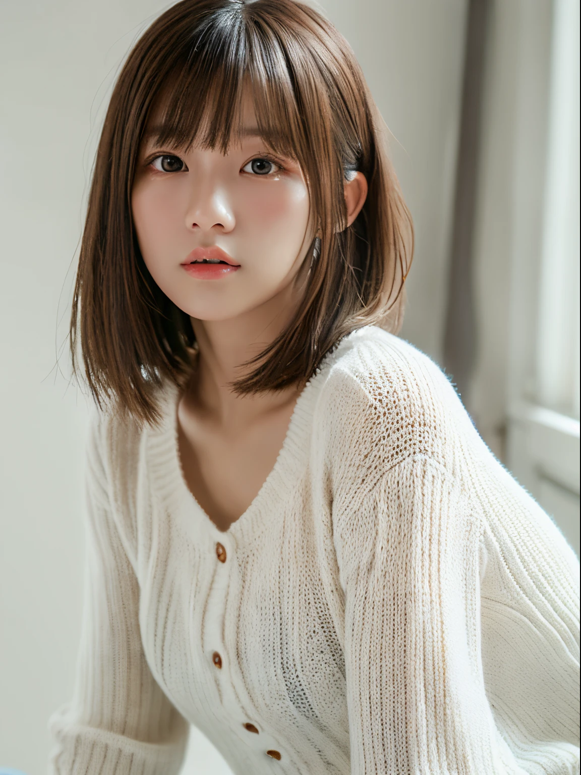 ((masterpiece:1.4、top-quality))、(photographrealistic:1.4)、profetional lighting、physically-based renderingt,cowboy shot,Bery short hair、extra detailed face、Detailed skin、(Beautiful japanese girl:1.05)、thin bunches of bangs、knit、White Room、white walls