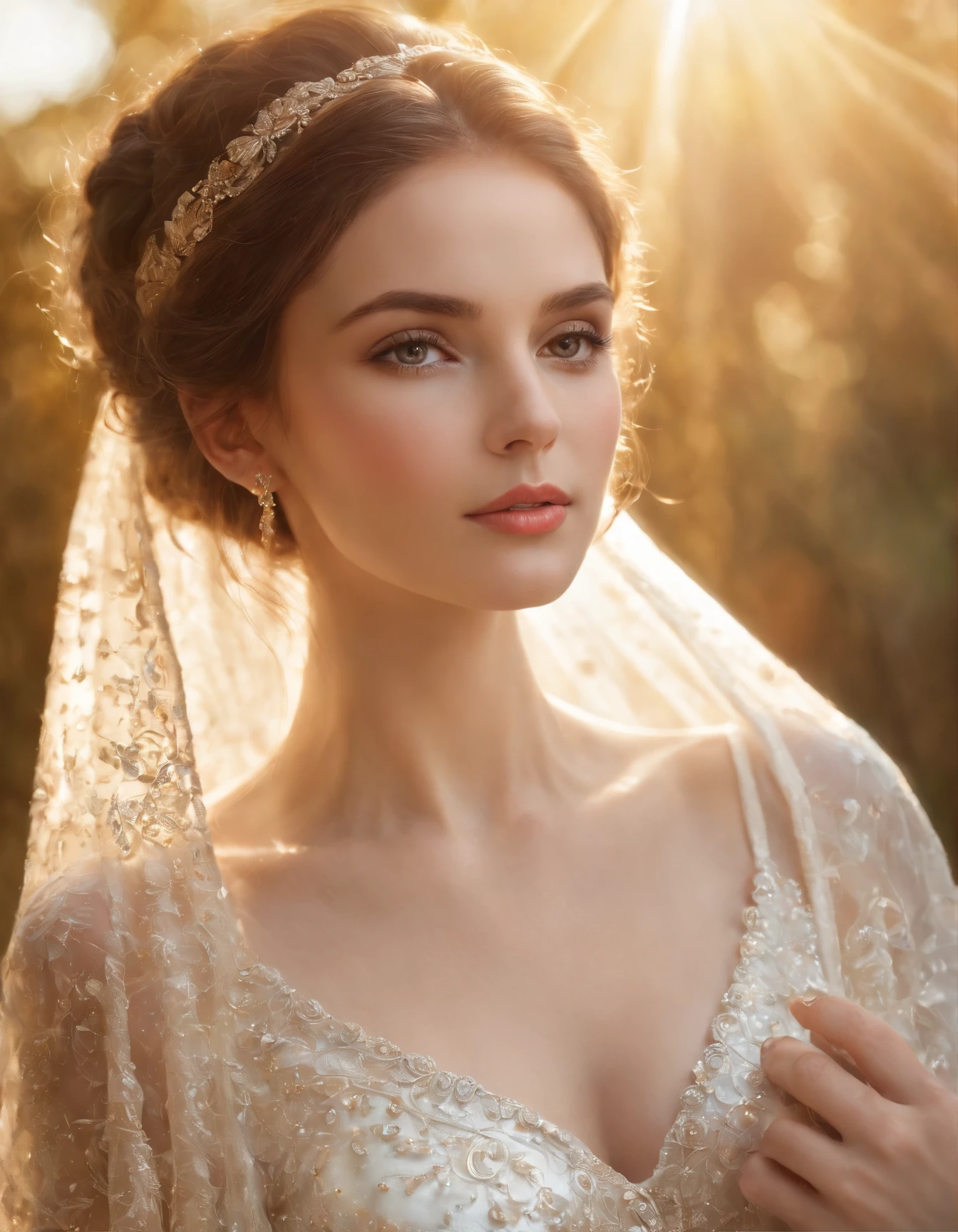 European heavenly Beautiful Russian woman, highly detailed face, pattern of colored stones and golden pearls portrait of a girl, pearl necklace, filigree, mother of pearl, hyper-detailed, veil, radiant, captivating, looking to the viewer, enchanting, reflective, magical, ethereal, shimmering, brilliant, intense, whimsical, thread-like, transparent, sparkle, diffused light, composed using the golden ratio, lighting by Vladimir Volegov and Steve Hanks, award, perfect composition, sun rays, smoke, Broken Glass effect, classic background, stunning, something that even doesn't exist, mythical being, energy, molecular, textures, iridescent and luminescent scales, breathtaking beauty, pure perfection, divine presence, unforgettable, impressive, breathtaking beauty, Volumetric light, auras, rays, vivid colors reflects, Miki Asai Macro photography, close-up, hyper detailed, trending on artstation, sharp focus, studio photo, intricate details, highly detailed, by greg rutkowski, in the style of shiny rhinestone crystals