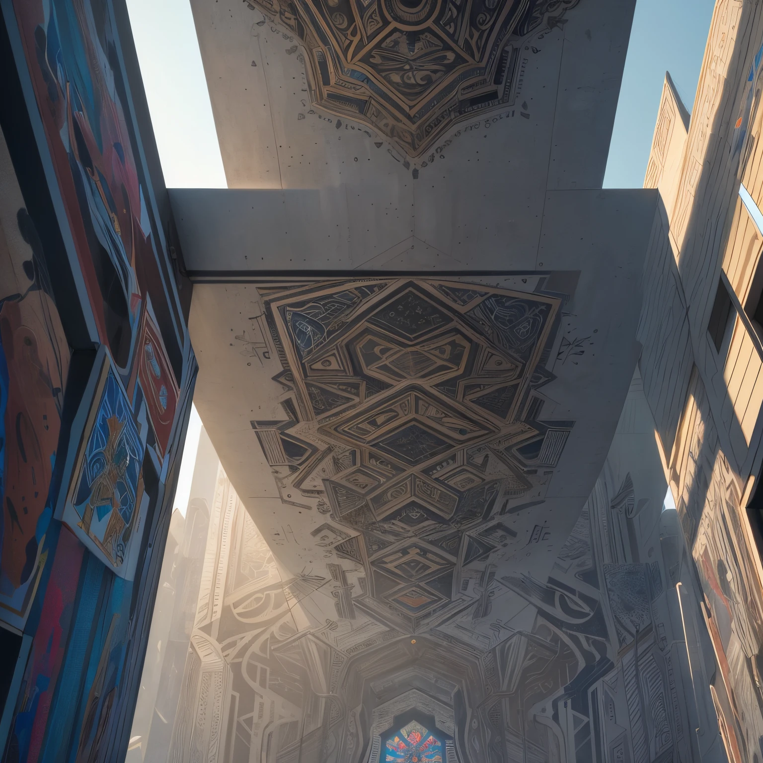 from below, super high quality, 8k, RAW photo, realistic, detailed and delicate depiction and flashy and dynamic painting method, Maximalism, geometric pattern that fills a towering inorganic concrete wall