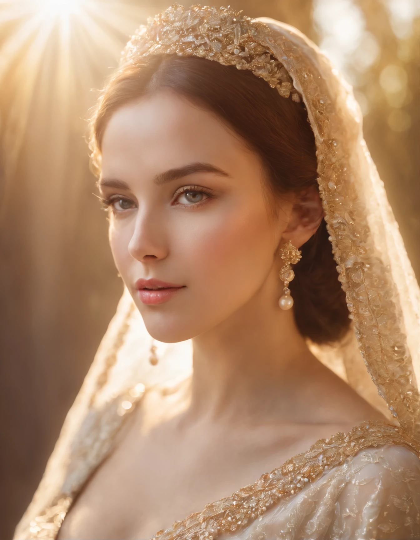 European heavenly Beautiful Russian woman, highly detailed face, pattern of colored stones and golden pearls portrait of a girl, pearl necklace, filigree, mother of pearl, hyper-detailed, veil, radiant, captivating, looking to the viewer, enchanting, reflective, magical, ethereal, shimmering, brilliant, intense, whimsical, thread-like, transparent, sparkle, diffused light, composed using the golden ratio, lighting by Vladimir Volegov and Steve Hanks, award, perfect composition, sun rays, smoke, Broken Glass effect, classic background, stunning, something that even doesn't exist, mythical being, energy, molecular, textures, iridescent and luminescent scales, breathtaking beauty, pure perfection, divine presence, unforgettable, impressive, breathtaking beauty, Volumetric light, auras, rays, vivid colors reflects, Miki Asai Macro photography, close-up, hyper detailed, trending on artstation, sharp focus, studio photo, intricate details, highly detailed, by greg rutkowski, in the style of shiny rhinestone crystals