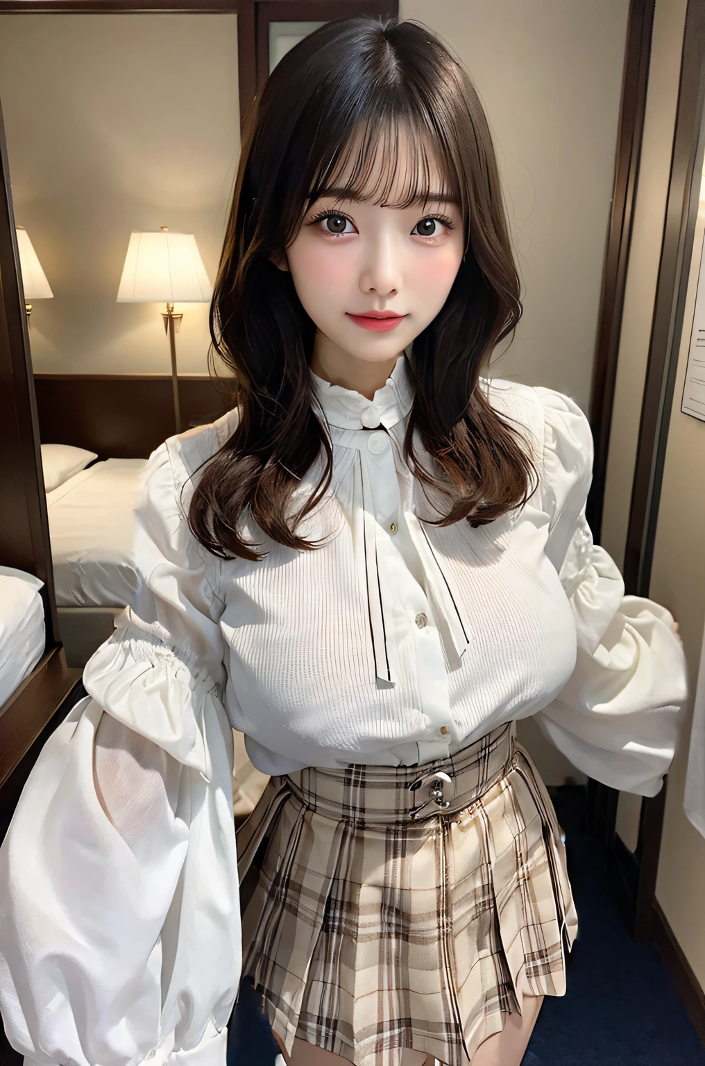 Colossal tits、g-cup、Wearing a white blouse with long sleeves and collars、She is wearing a brown checked pleated skirt.