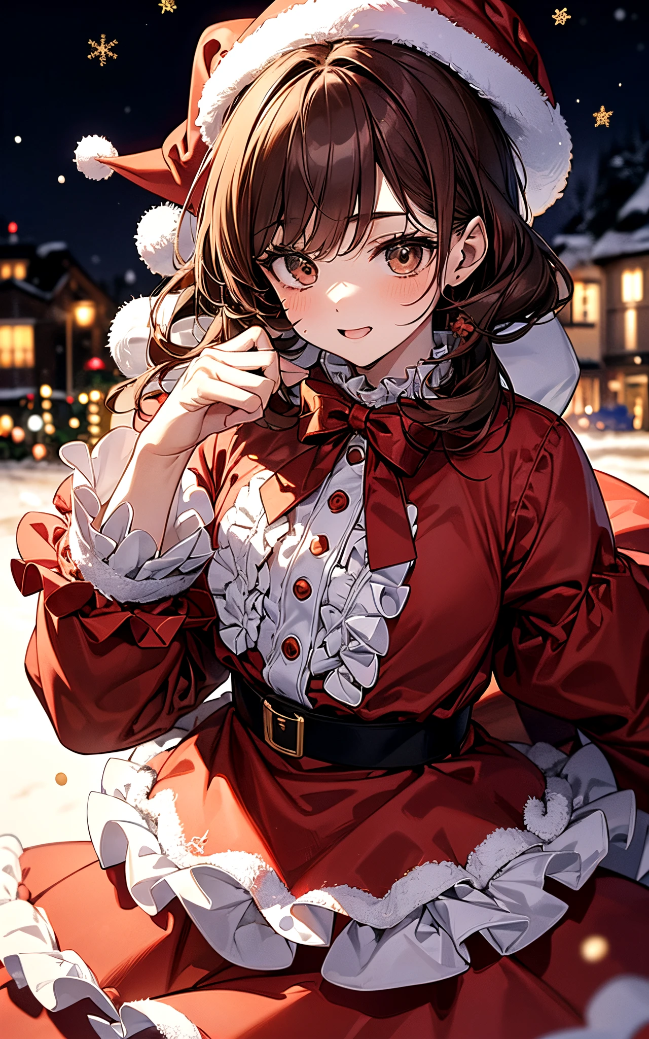 Perfect human body、christmas night、(((He wore a Santa suit decorated with lots of frills.)))、a beautiful woman、Fell down from the snowy sky、long  skirt、brown hair short