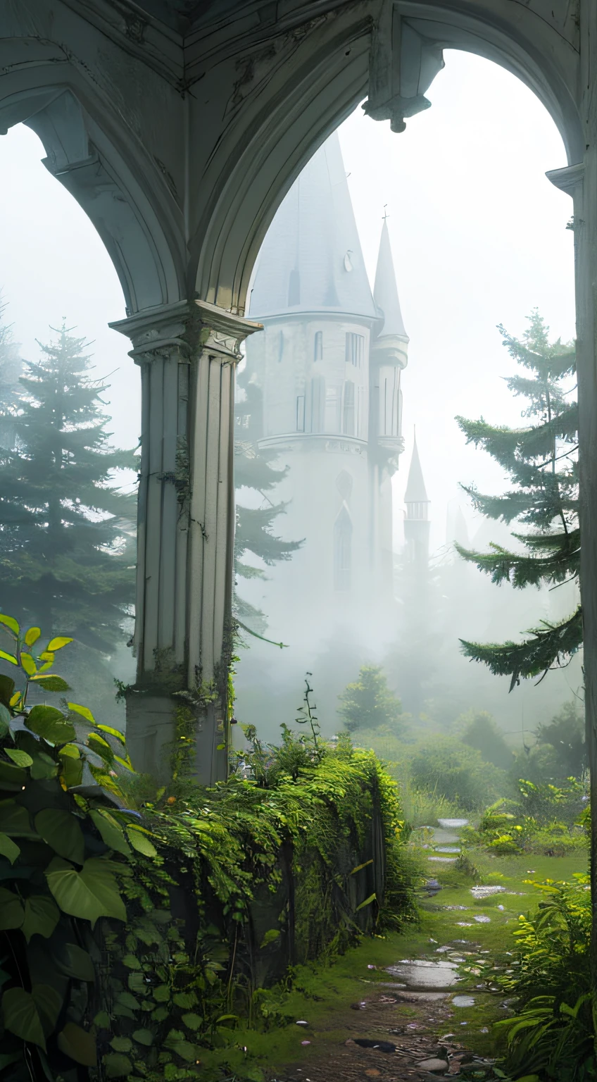 An abandoned and broken gothic castle overgrown with plants in a dense spruce forest with fog , dense mist , cloudy , cinematic , high detail