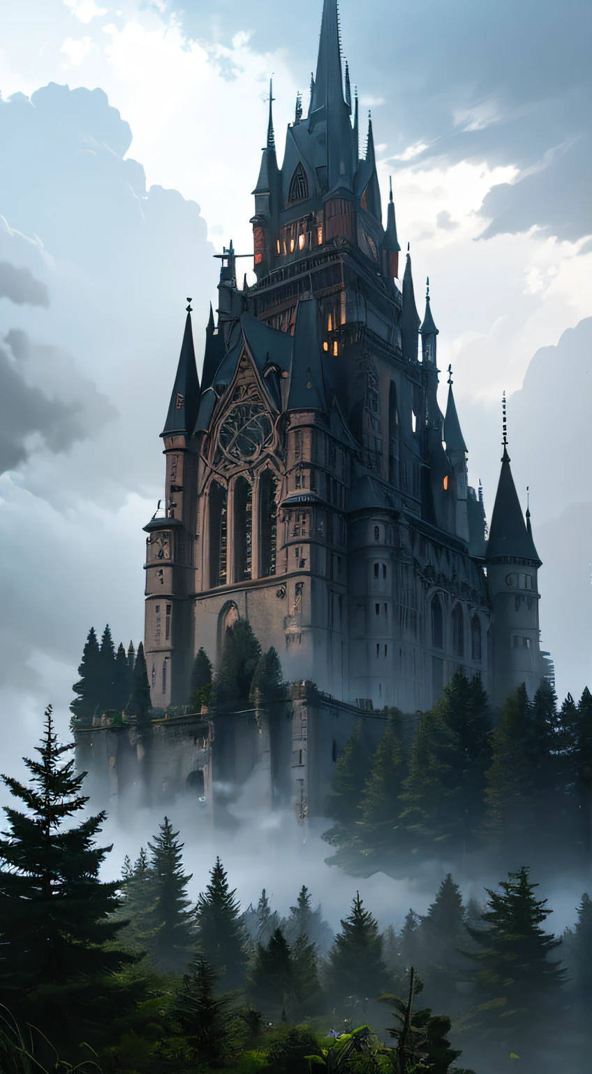 An abandoned and broken gothic castle in a dense spruce forest with fog , dense mist , cloudy , cinematic , high detail