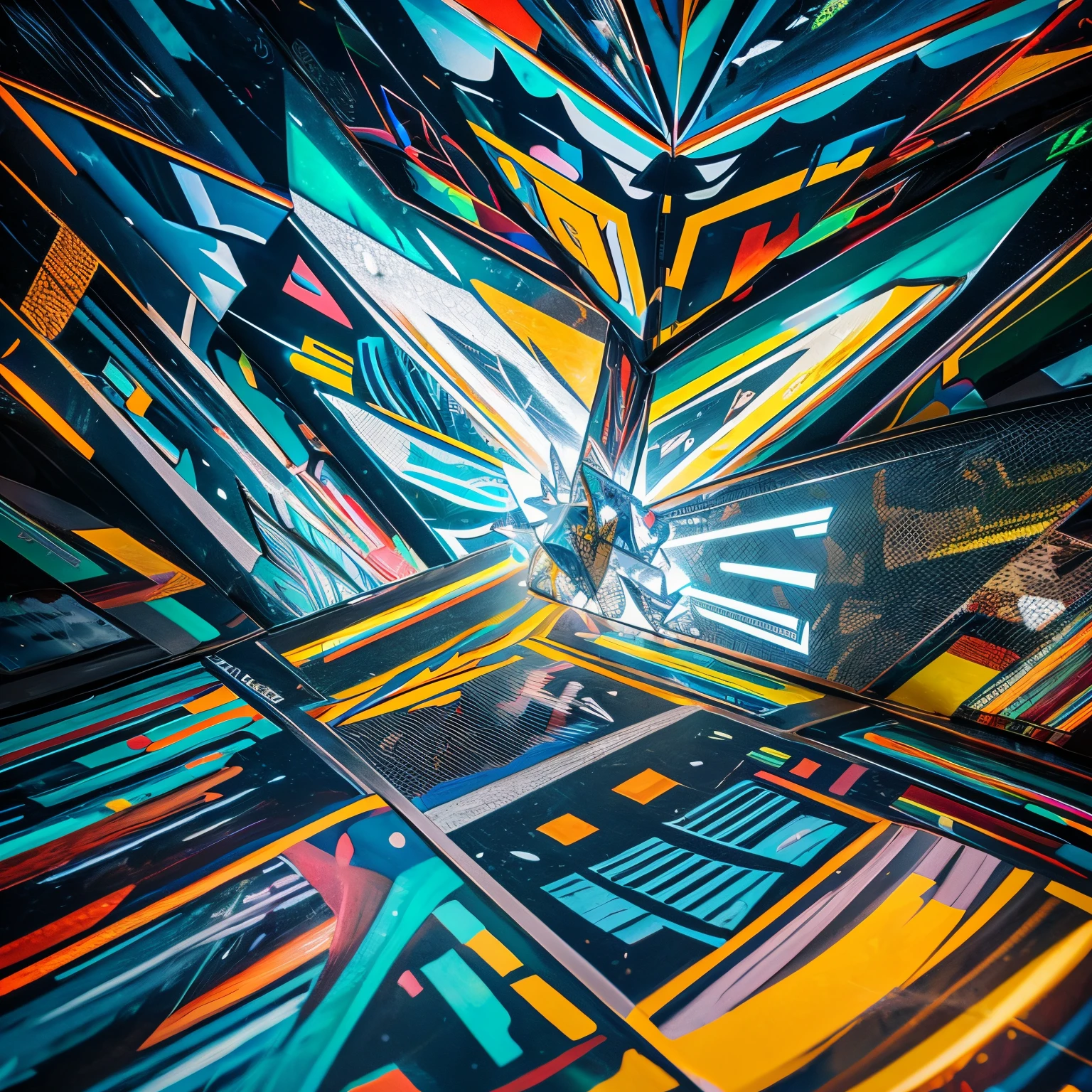 from below, super high quality, 8k, RAW photo, realistic, detailed and delicate depiction and flashy and dynamic painting method, Maximalism, geometric pattern that fills a towering inorganic concrete wall