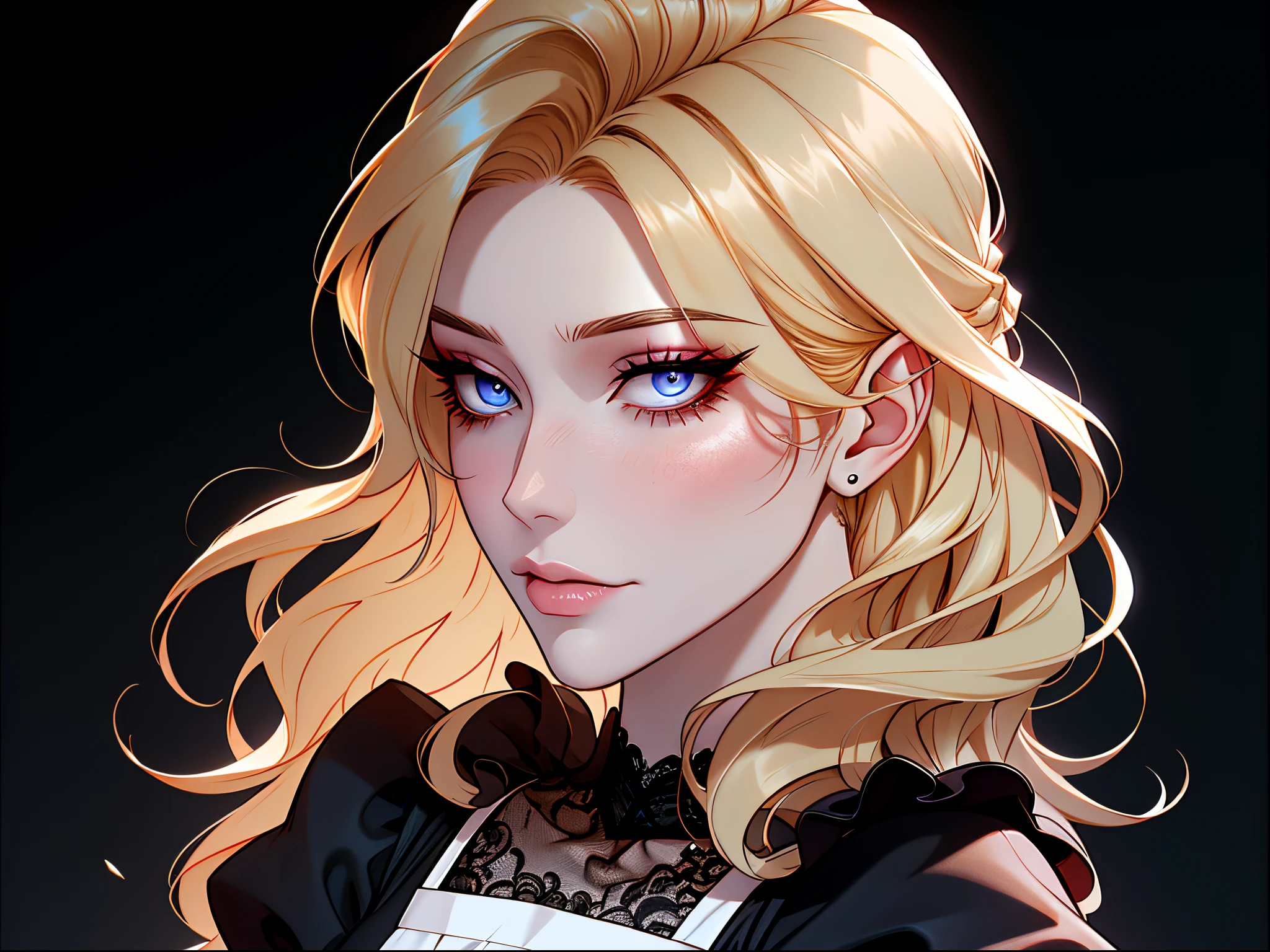 Shoujo style, Aesthetic background, Romance Manhwa, 1girl, blonde woman, hairlong, Bangans close one eye)), eyes with blue color, irritable, grimalkin, bags under eyes, Russian, grimalkin, housemaid, Black dress with white trim, with a full skirt knee-length or higher, White half apron, usually with ruffles or lace, head slightly turned to the side, inform, mascara, makeup, Dark background, 鎖骨, puffy sleeves, portraite of a, upper-body, frills, closed mouth, 詳細な目, (close up), (((Image Macro Details))), pale skin