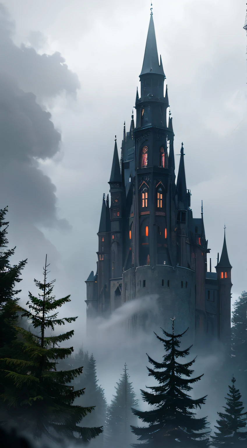 An old gothic castle in a dense spruce forest with fog , dense mist , cloudy , cinematic , high detail