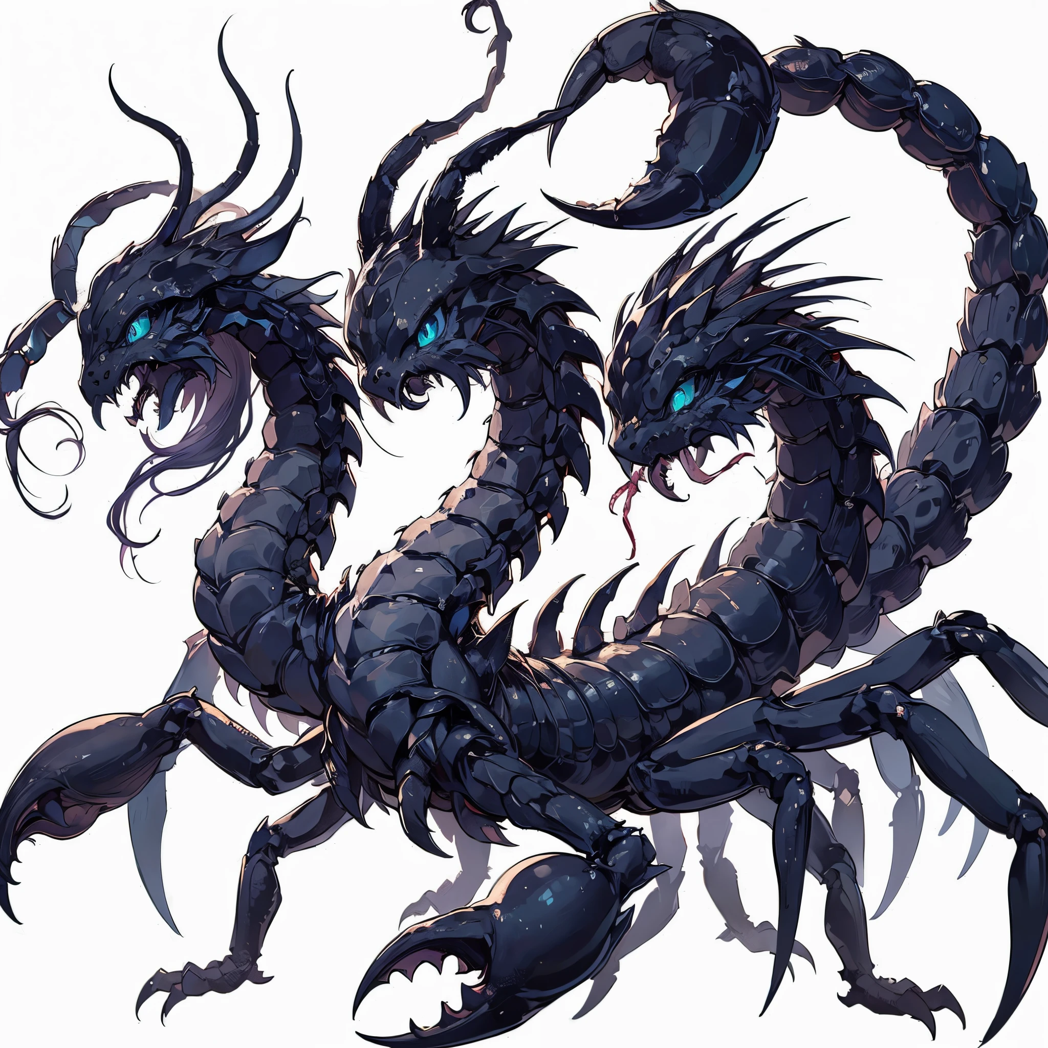 Azhdahak. Female Dragon. scorpion element. mesukemo. Black exoskeleton. Three head. Compound eyes. anime style.