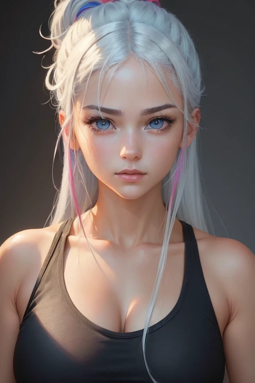 ((high quality, masterpiece:1.4)), 1girl, upper body, gym clothes, white hair, rainbow colored hair, gradient hair, pretty face, beautiful face, beautiful eyes, beautiful girl, pretty girl, perfect facial shape, absurdres, realistic proportions, dynamic pose, high details, intricate, intricate details, realistic eyes, realistic eye proportions, sharp focus, 32k, realistic lighting, extreme details, realistic pupils, realistic proportion eyes, realistic proportions pupils, realistic shadows, evafie