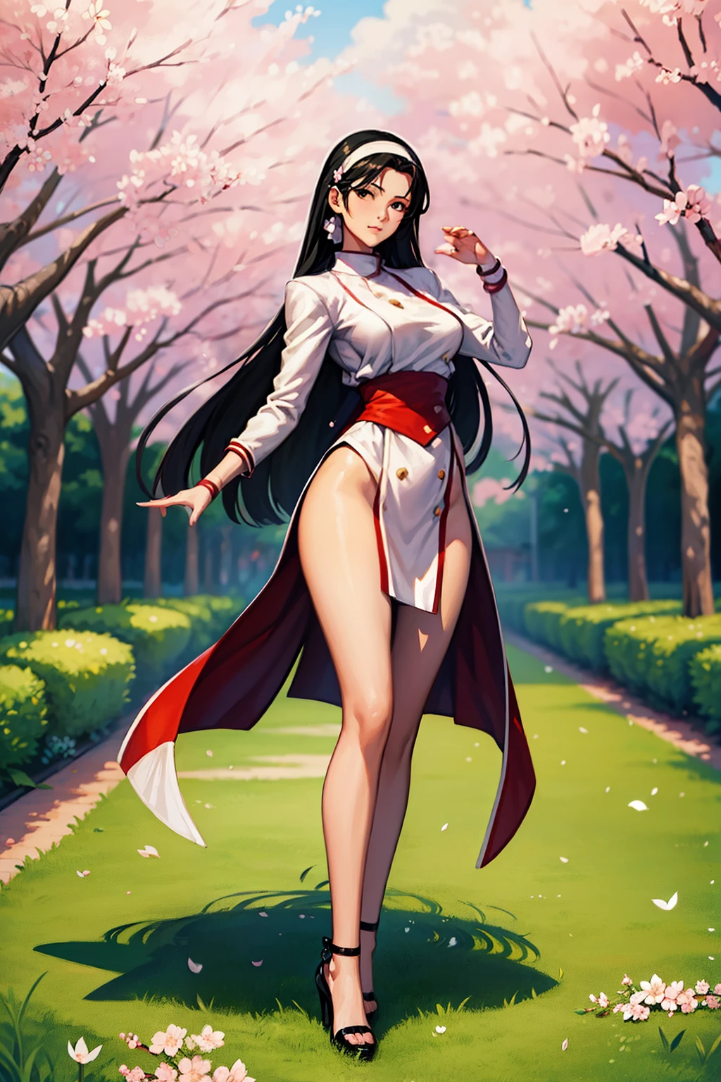 a painting of 30 years old woman, (ChizuruMS) on a Sakura garden background, 1girl, straight hair, large breasts, looking at viewer, ((bare legs)), headband, black heels, wow, is beautiful, beautiful hands, perfect legs, green sphere powers