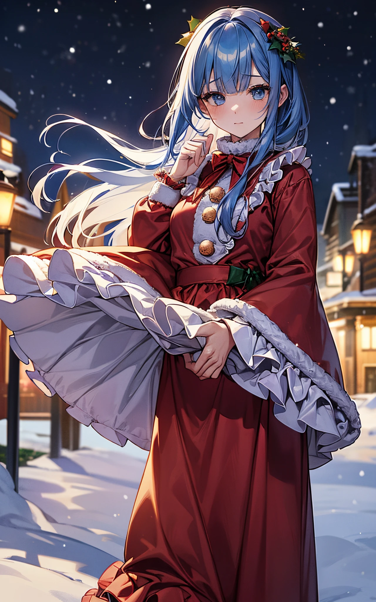 Perfect human body、christmas night、(((He wore a Santa suit decorated with lots of frills.)))、a beautiful woman、I landed in a snowy town、long  skirt、blue hair bob、hair adornments