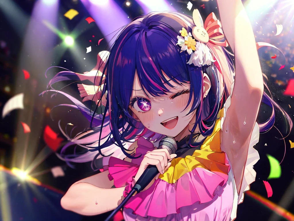 absurdres, highres,
BREAK
looking at viewer, (face focus:1.3), (from front:1.5)
BREAK
(vivid-color:1.3)
BREAK
(one girl:1.3), (loli:1.2), (Hoshino Ai:1.4), (purple hair, streaked hair:1.5), (purple eyes:1.5), (happy smile:1.7), (holding a mic:1.5), (singing, one arm up, one eye closed, lifting her feet:1.3), twisting waist, (shiny eyes:1.3), (upturned eyes, happy smile:1.2), star-shaped pupils, hairclip, earrings, jewelry, nm1, (gloves:1.2), (frills, pink shirt:1.2), arms up, dress pull, Roaring Twenties, sleeveless, shirt, idol, symbol-shaped pupils, (White fluid on the body:1.4), (thighs:1.3), (huge breasts, cleavage:1.3), (face focus:1.2), open mouth, (breast:1.3), round eyes, (blowing in the wind:0.5), (sweat around girl, dripping sweat:1.3), squall (wind:1.2), sense of speed, refreshing breeze, motion blur effect, wind
BREAK
background is (on the Idol stage:1.3), (Stand in the center of the screen:1.3), indoors, idol live, wind, (Colorful spotlights:1.7)
BREAK
magnificent view, (10,000 people spectators:1.3), light particles, (confetti:1.4), dynamic angle, dutch angle, perspective
BREAK
(night, spot light:1.5), depth of field, bokeh, light leaks, (chromatic aberration:1.2)
BREAK