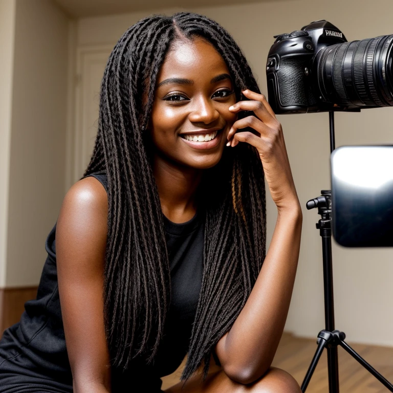((attractive brown skin,girl with dimples)),((Warm smile and dimples)),((wearing black clothes)),((Posing with camera))she a photographer((hyper realisitc))((Perfect short African hair))((girl with dimples))A charming girl,She petite,She taking a picture of someone((hyper realisitc))tmasterpiece,Female photographer,exteriors,XTarticles,tmasterpiece,hyper realisitc。textures true to reality,