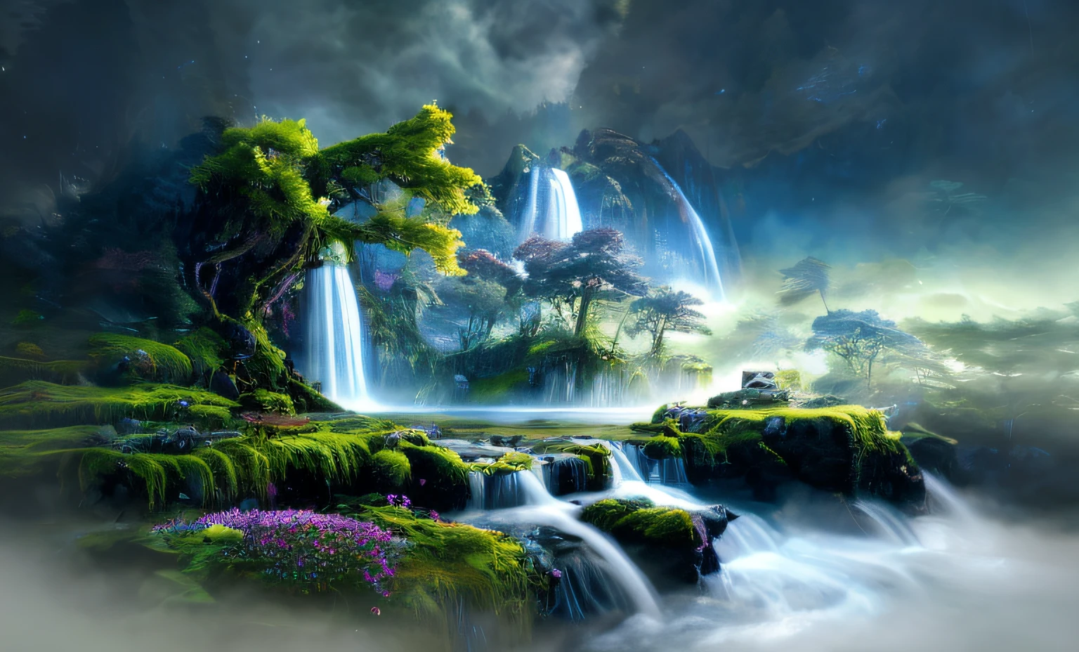 waterfall in the middle of a lush green forest with a waterfall, impressive fantasy landscape, mystical fantasy landscape, epic dreamlike fantasy landscape, fantasy scenic, fantasy landscape, magical landscape, fantasy art landscape, fantastic landscape, epic fantasy landscape, beautiful detailed fantasy, fantasy scene, beautiful art uhd 4 k, fantasy forest landscape, amazing landscape, fantasy background, realistic image