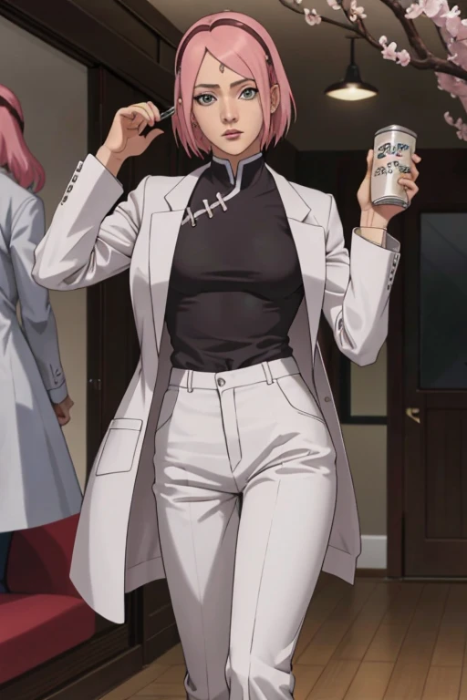obra-prima, absurdo, (detalhes intrincados), (colorido), cinematic lighthing, papel de parede extremamente detalhado da unidade CG 8k, 1 mulher, seios muito grandes, Sakura haruno, puppy position, pov, nsfw, provocante, nervoso, envergonhado, corando, Doctor clothes(white coat and pants), consultorio medico.Sakura Haruno adulta